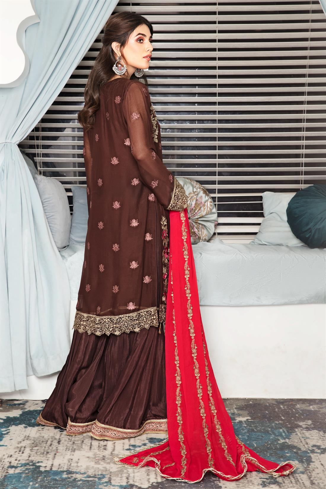 Brown & Red Embroidered Raw Silk Gharara Ladies Readymade