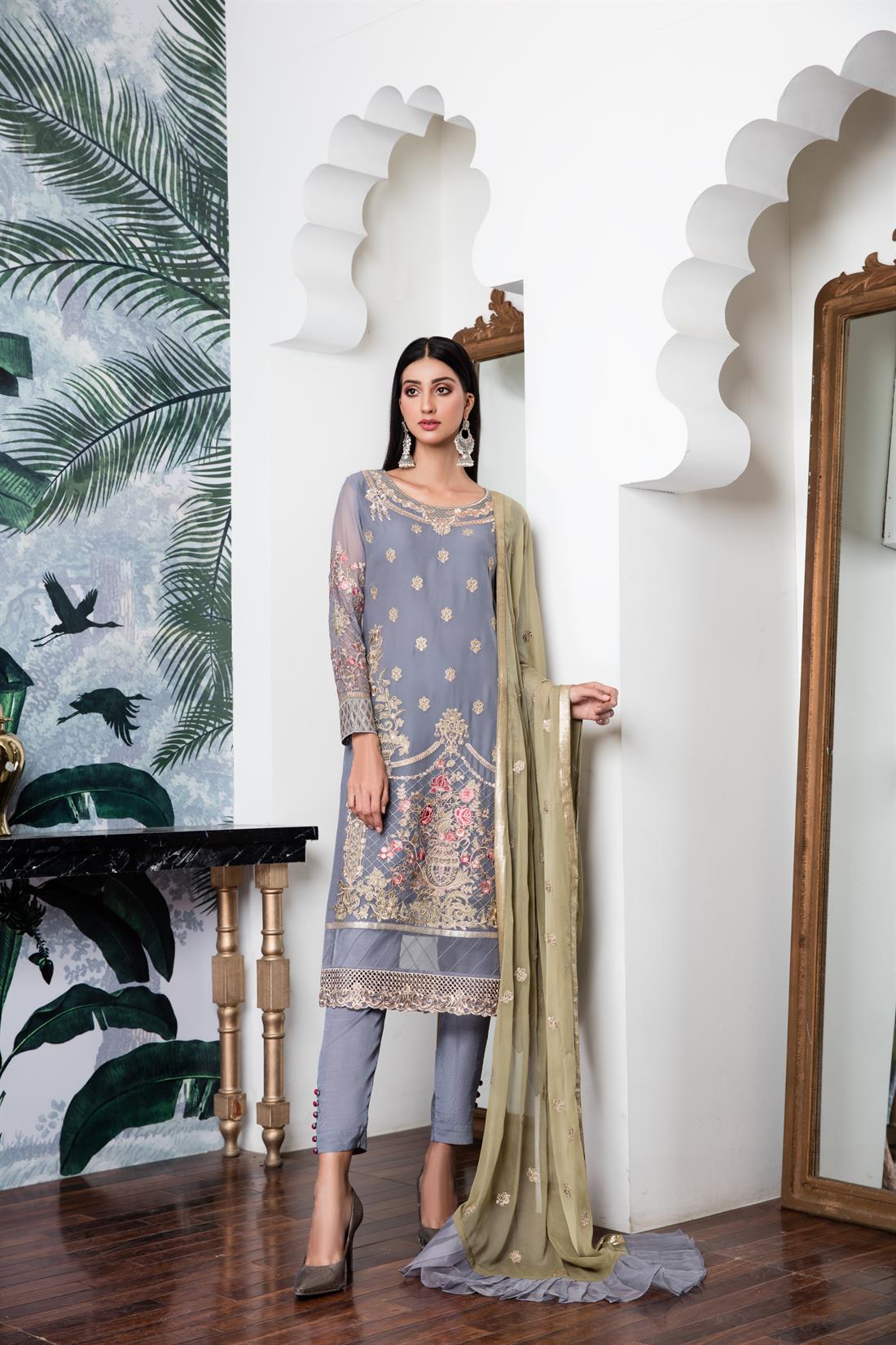 Grey & Mint Raw Silk Grey/Mint Embroidered Salwar Kameez with Dupatta