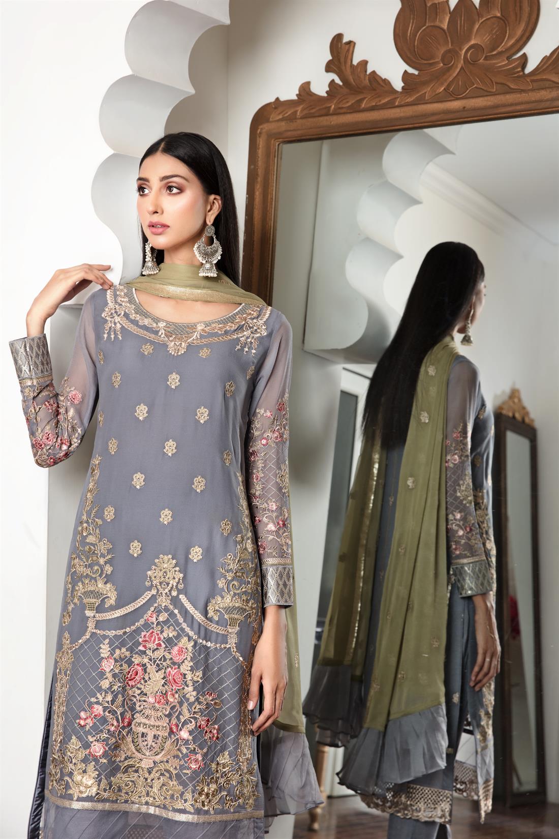 Grey & Mint Raw Silk Grey/Mint Embroidered Salwar Kameez with Dupatta