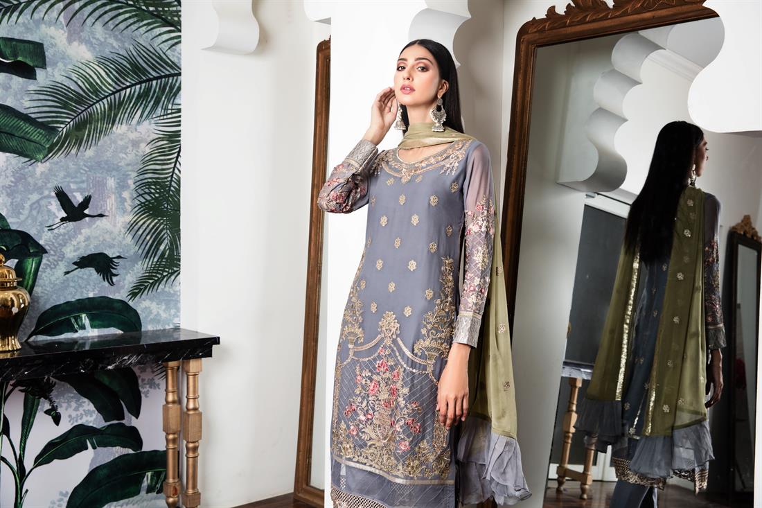 Grey & Mint Raw Silk Grey/Mint Embroidered Salwar Kameez with Dupatta