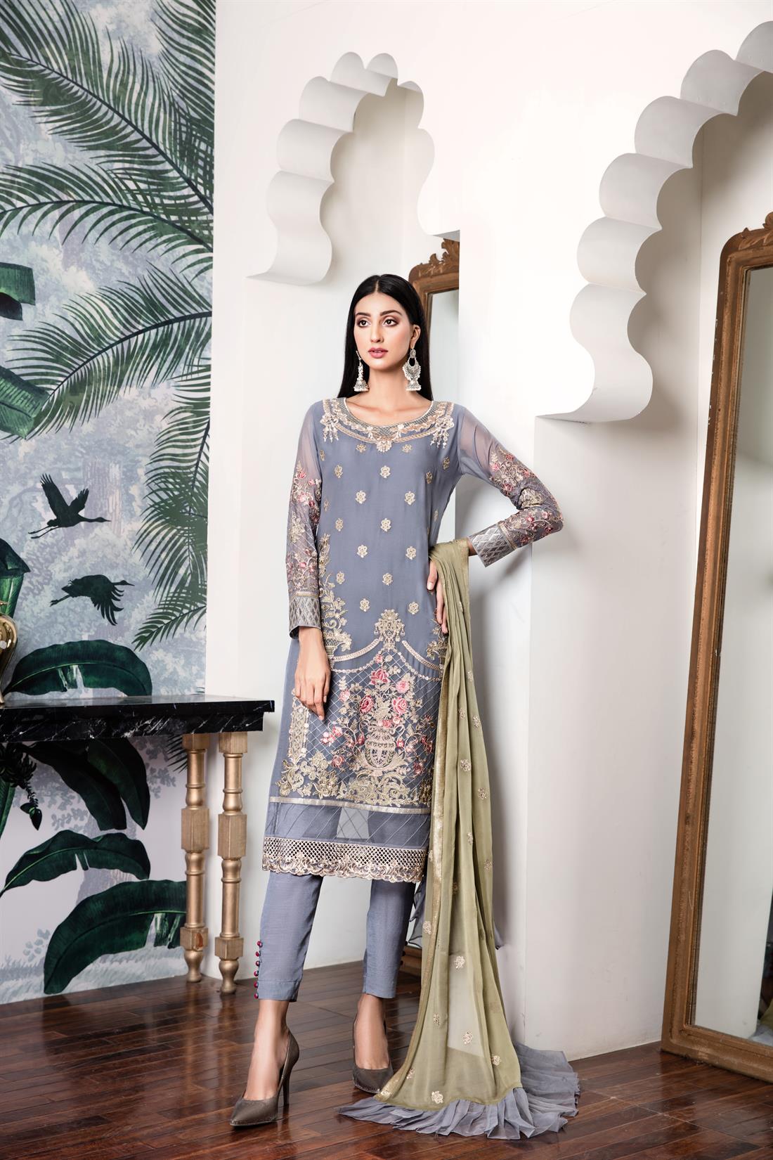 Grey & Mint Raw Silk Grey/Mint Embroidered Salwar Kameez with Dupatta