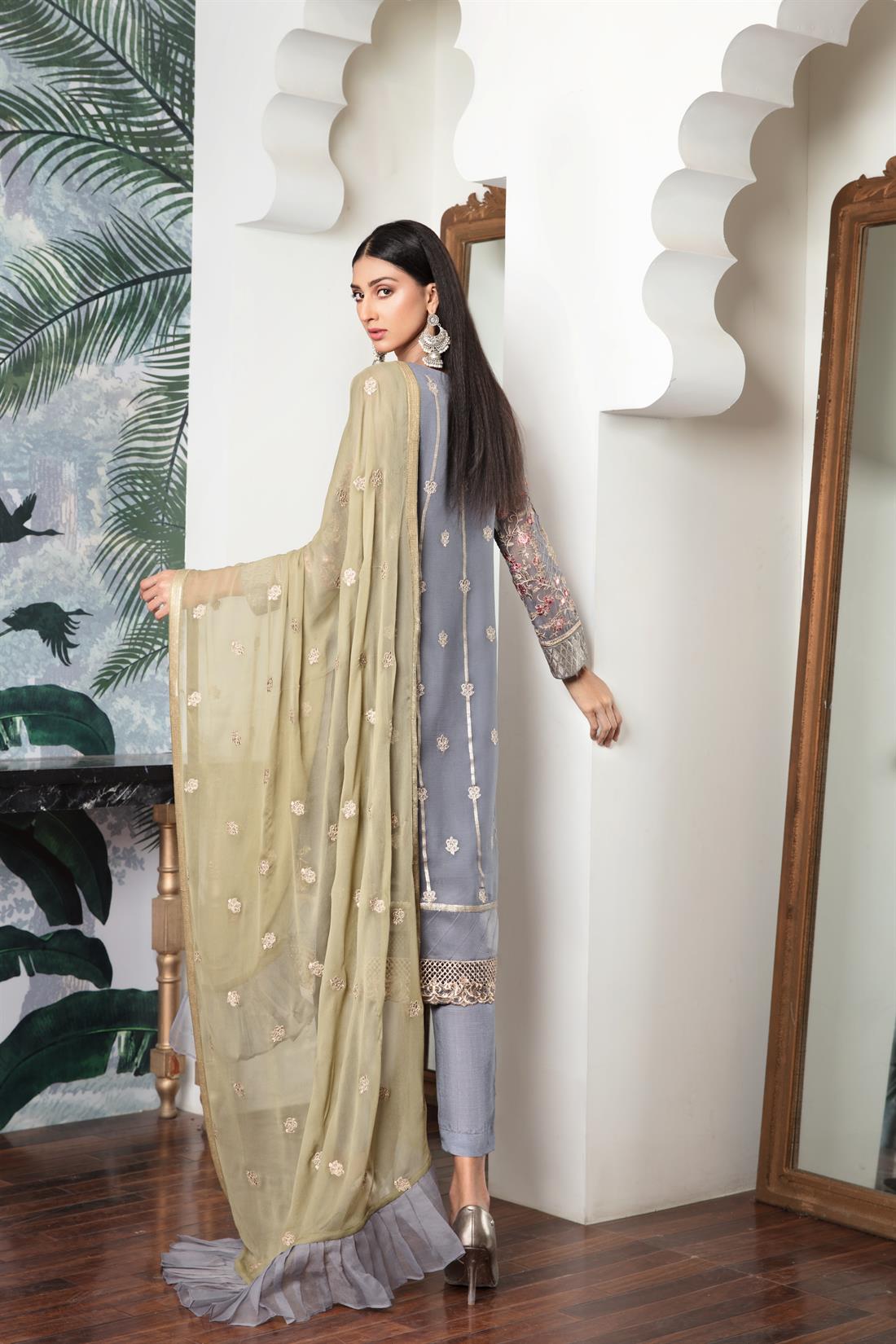 Grey & Mint Raw Silk Grey/Mint Embroidered Salwar Kameez with Dupatta
