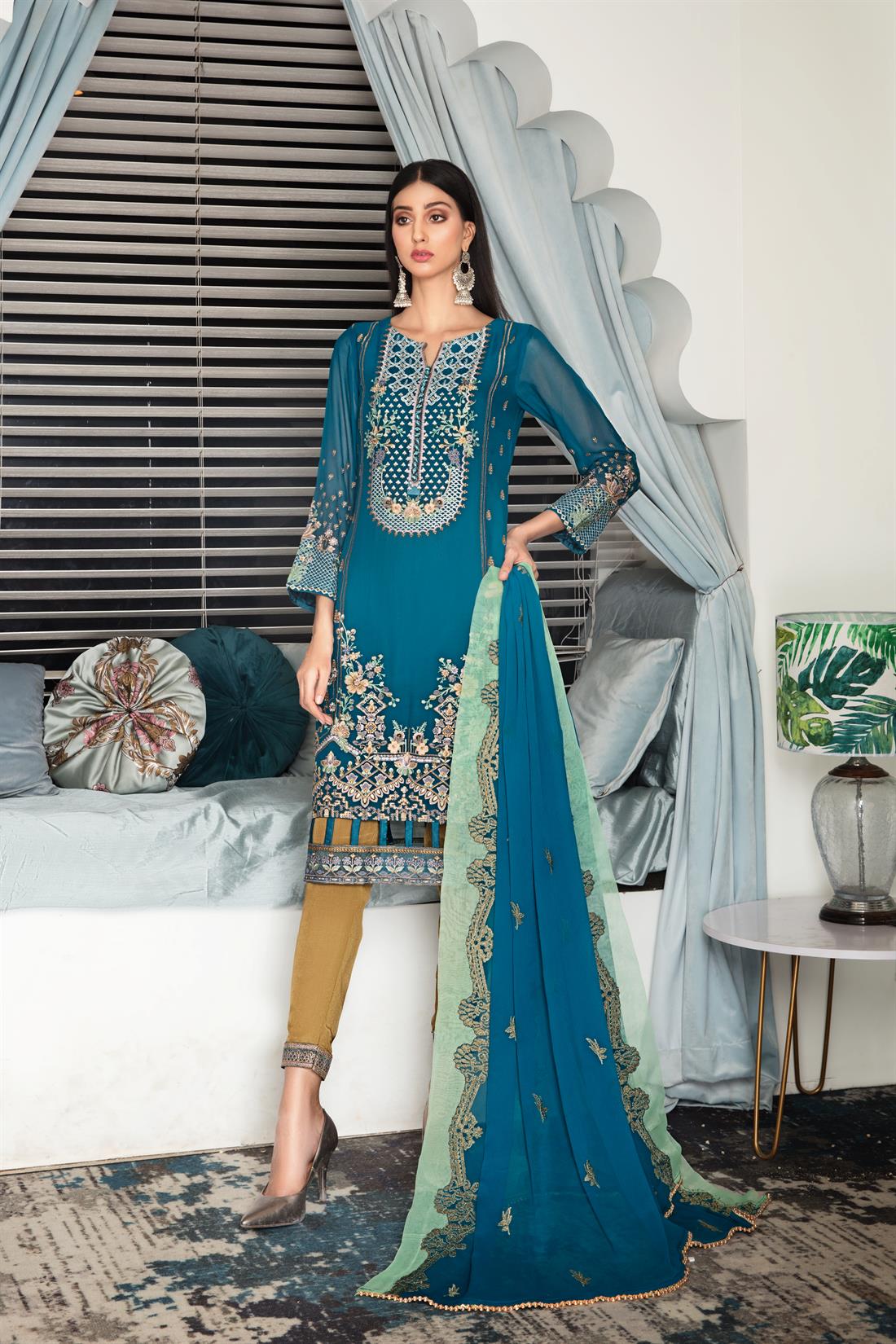 Dark Teal Embroidered Raw Silk Ladies Readymade