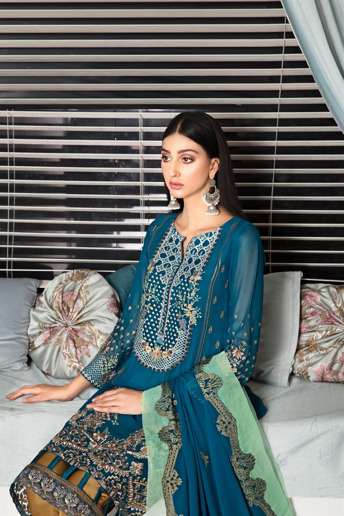 Dark Teal Embroidered Raw Silk Ladies Readymade