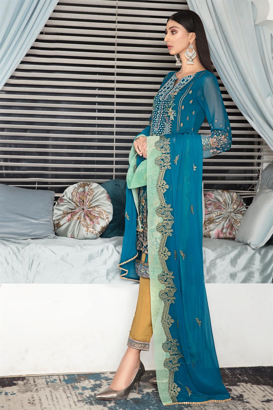 Dark Teal Embroidered Raw Silk Ladies Readymade