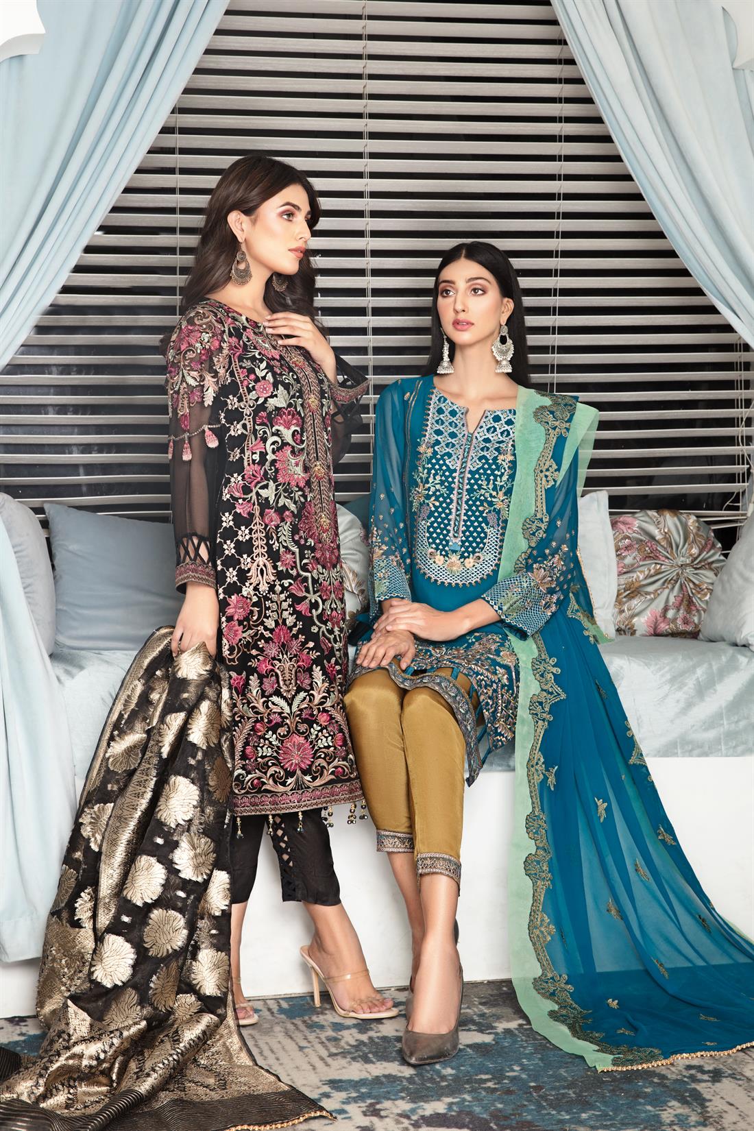 Dark Teal Embroidered Raw Silk Ladies Readymade