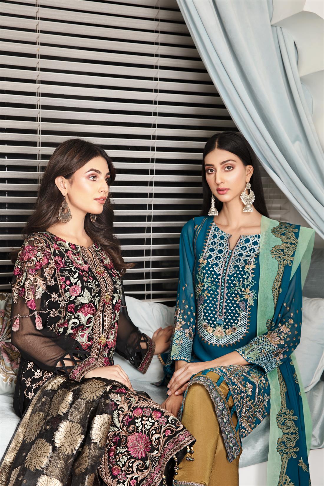 Dark Teal Embroidered Raw Silk Ladies Readymade