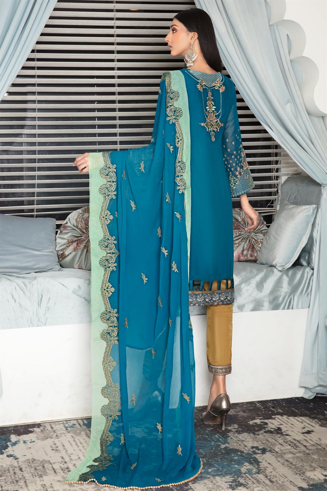Dark Teal Embroidered Raw Silk Ladies Readymade