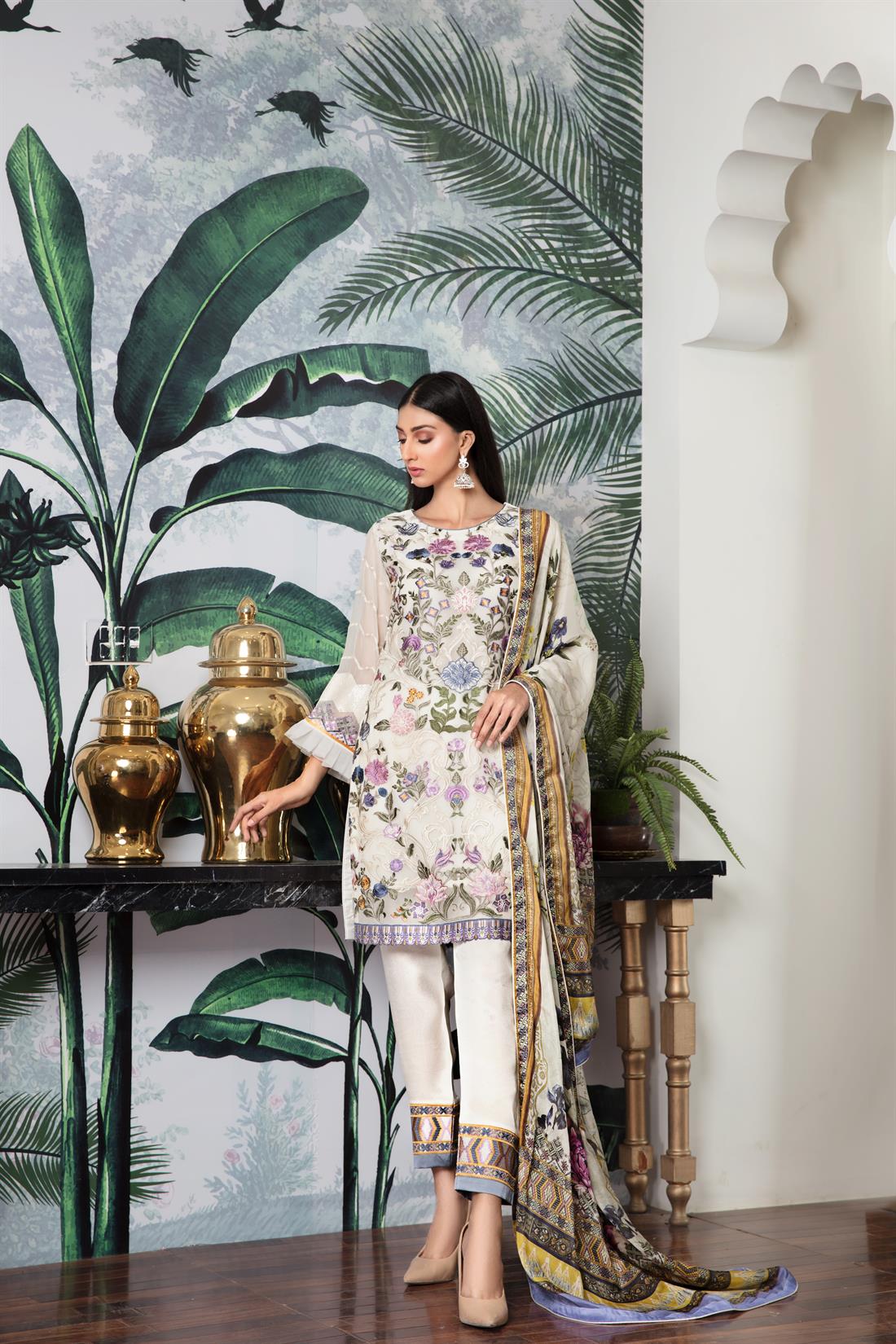 Cream Embroidered Raw Silk Ladies Readymade