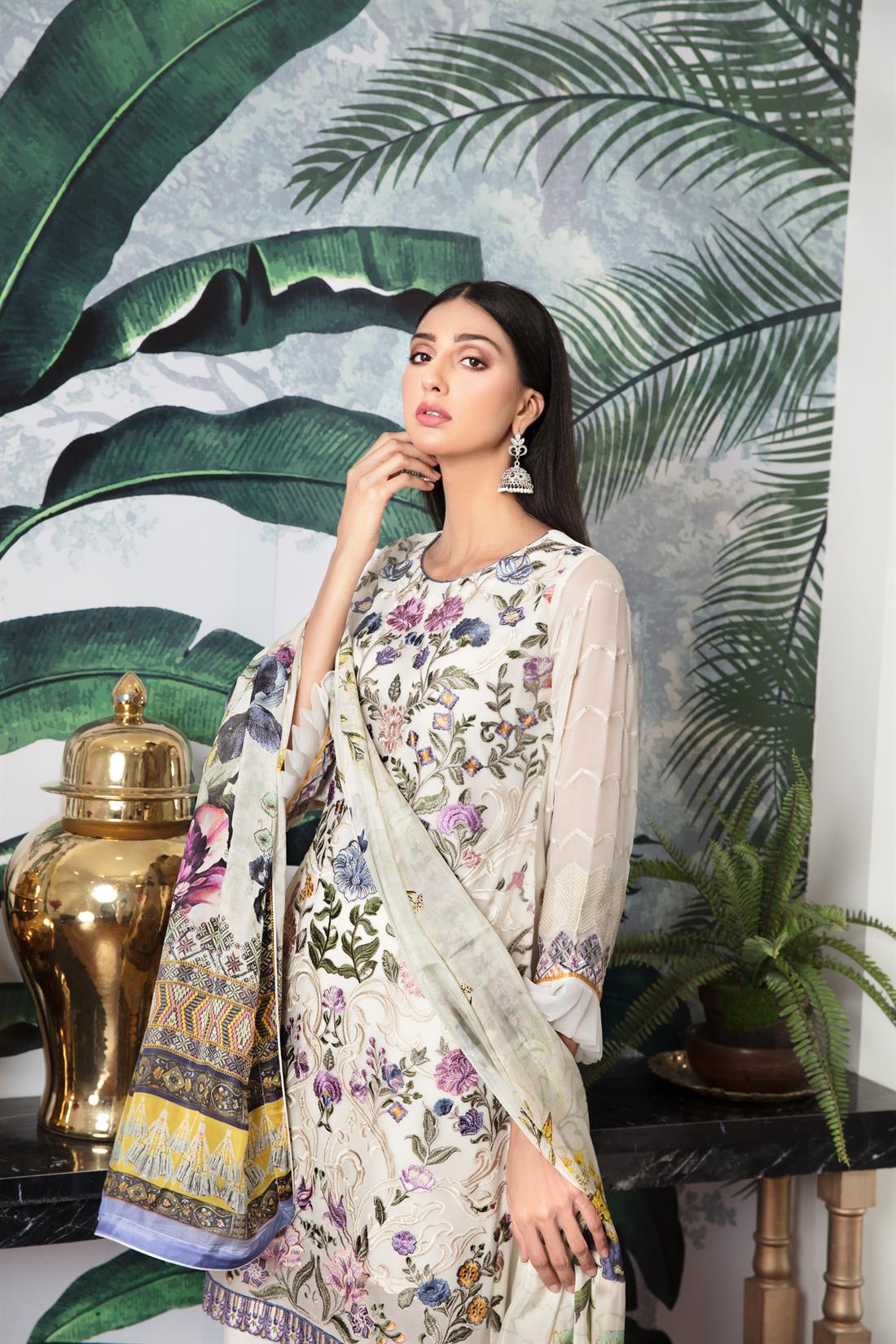 Cream Embroidered Raw Silk Ladies Readymade