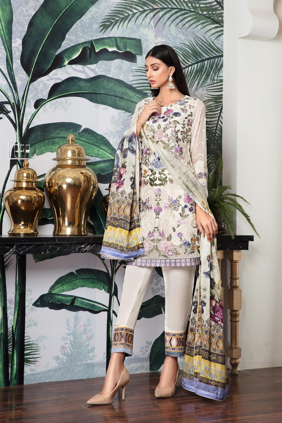 Cream Embroidered Raw Silk Ladies Readymade
