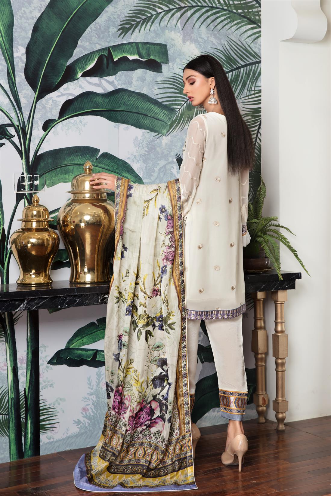 Cream Embroidered Raw Silk Ladies Readymade