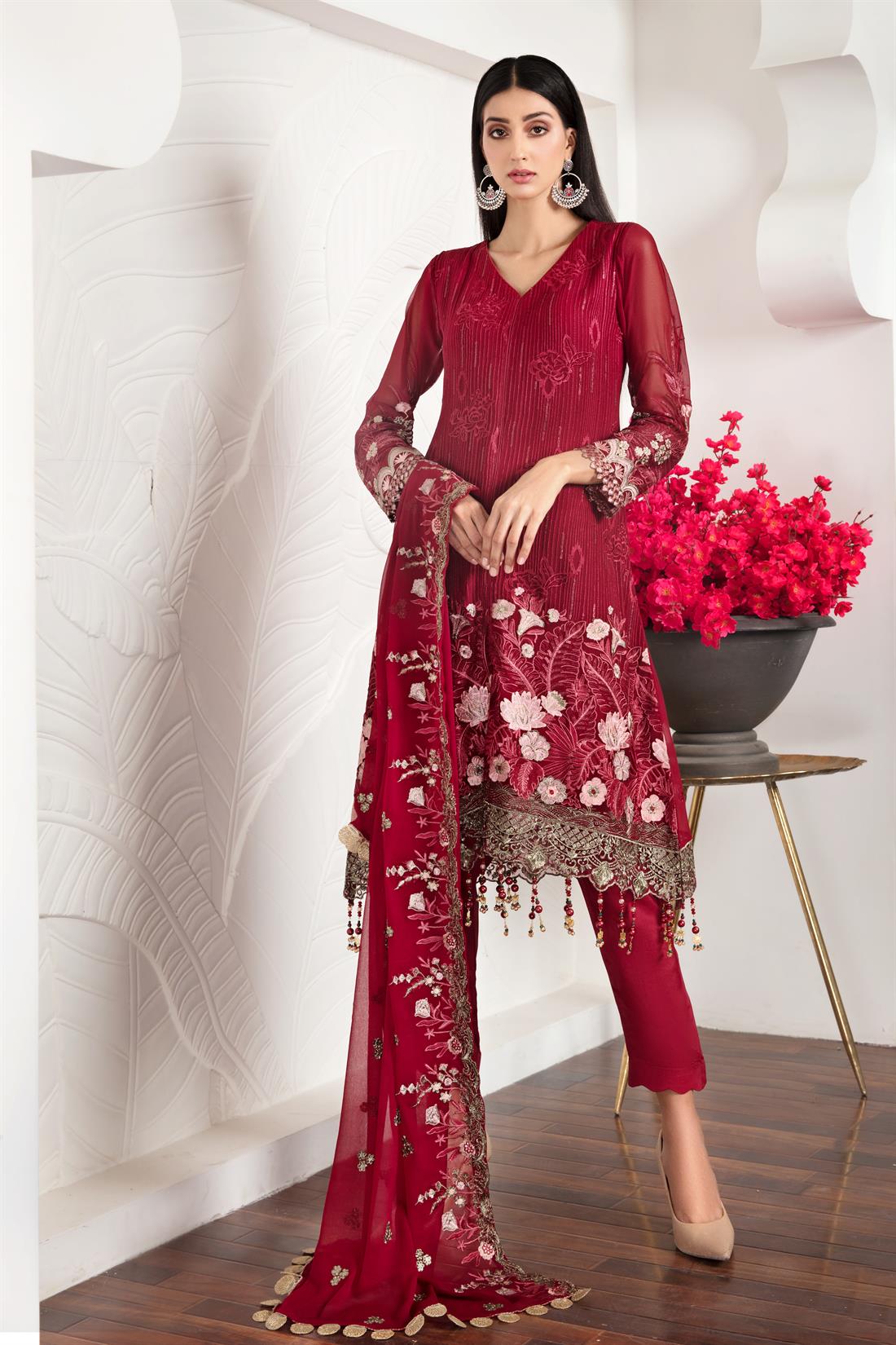 Maroon Embroidered Raw Silk Peplum Ladies Readymade
