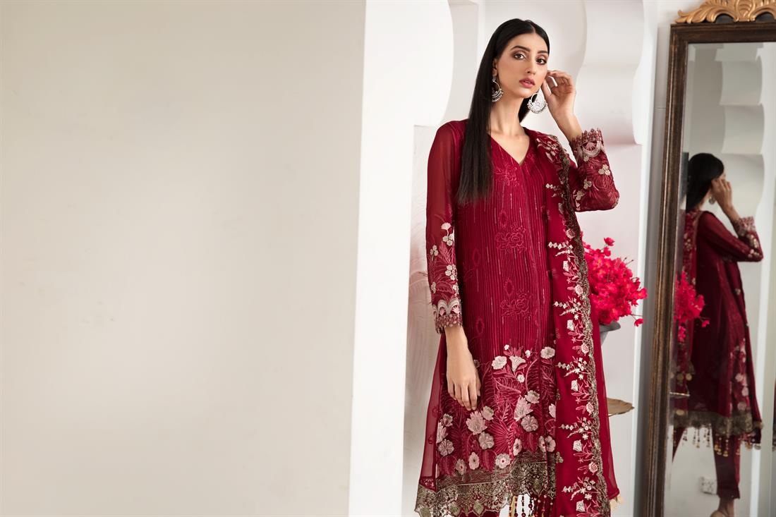 Maroon Embroidered Raw Silk Peplum Ladies Readymade
