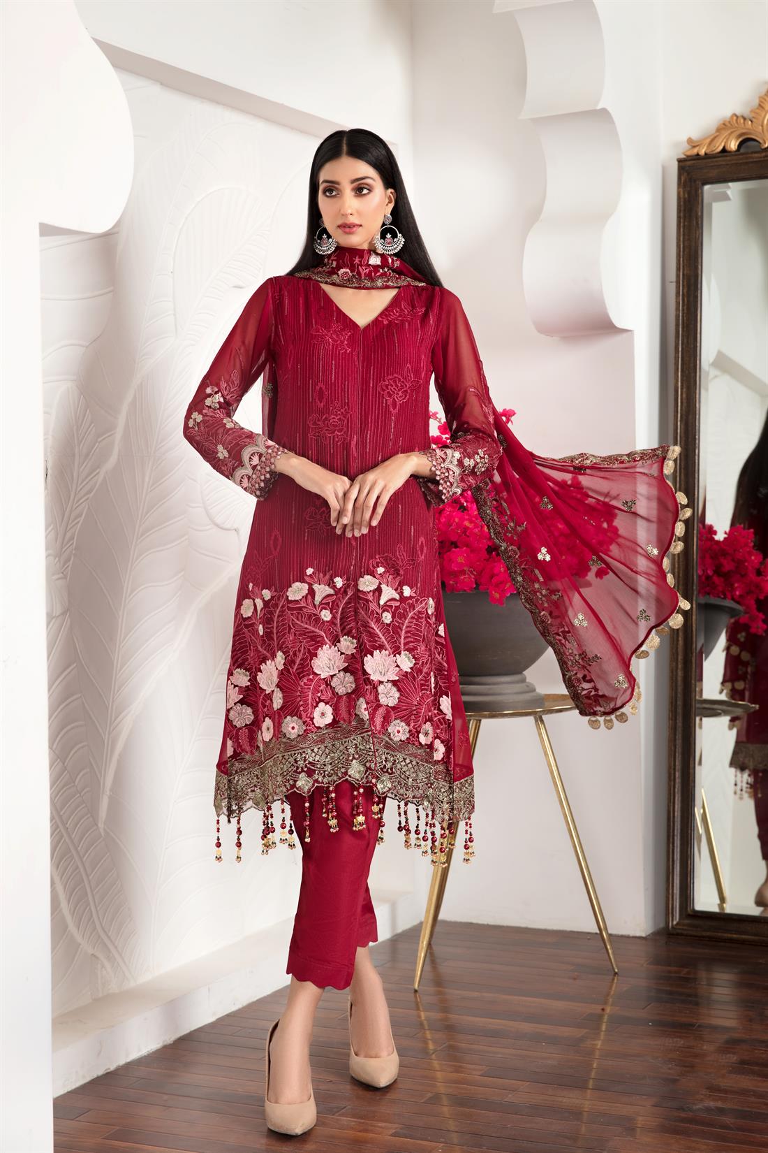 Maroon Embroidered Raw Silk Peplum Ladies Readymade