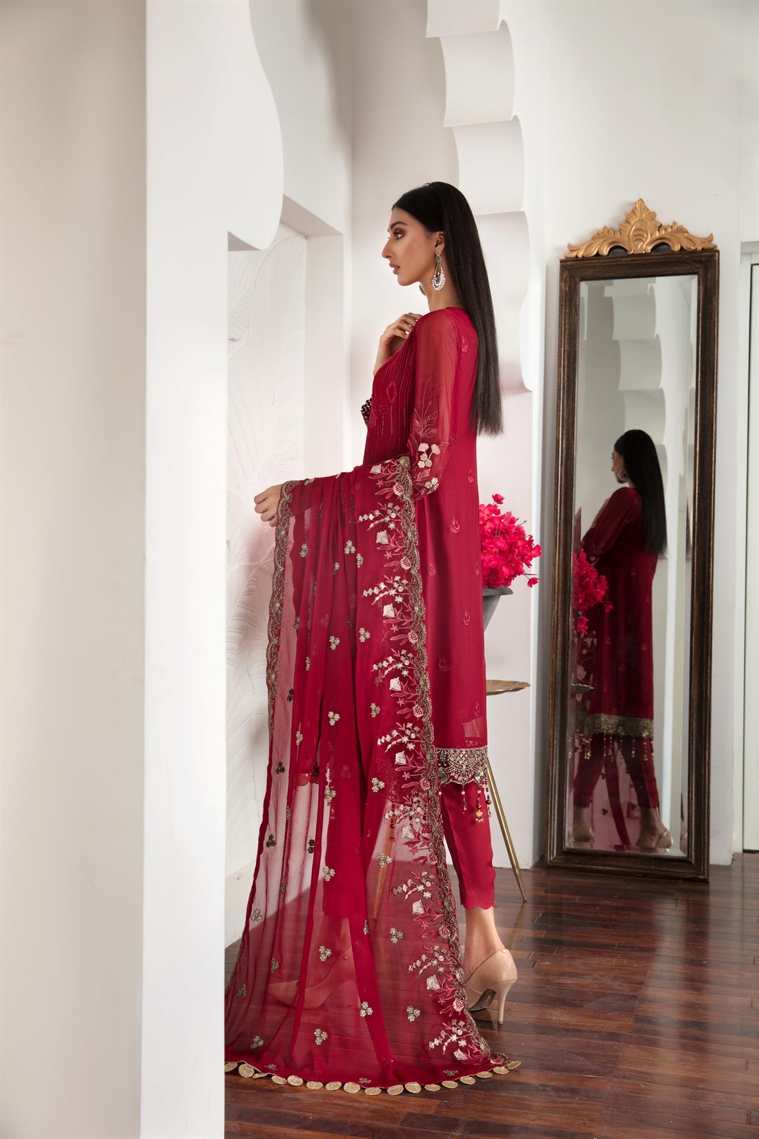 Maroon Embroidered Raw Silk Peplum Ladies Readymade