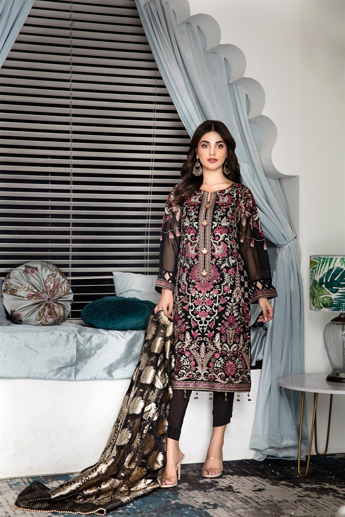 Black Raw Silk Ladies Readymade