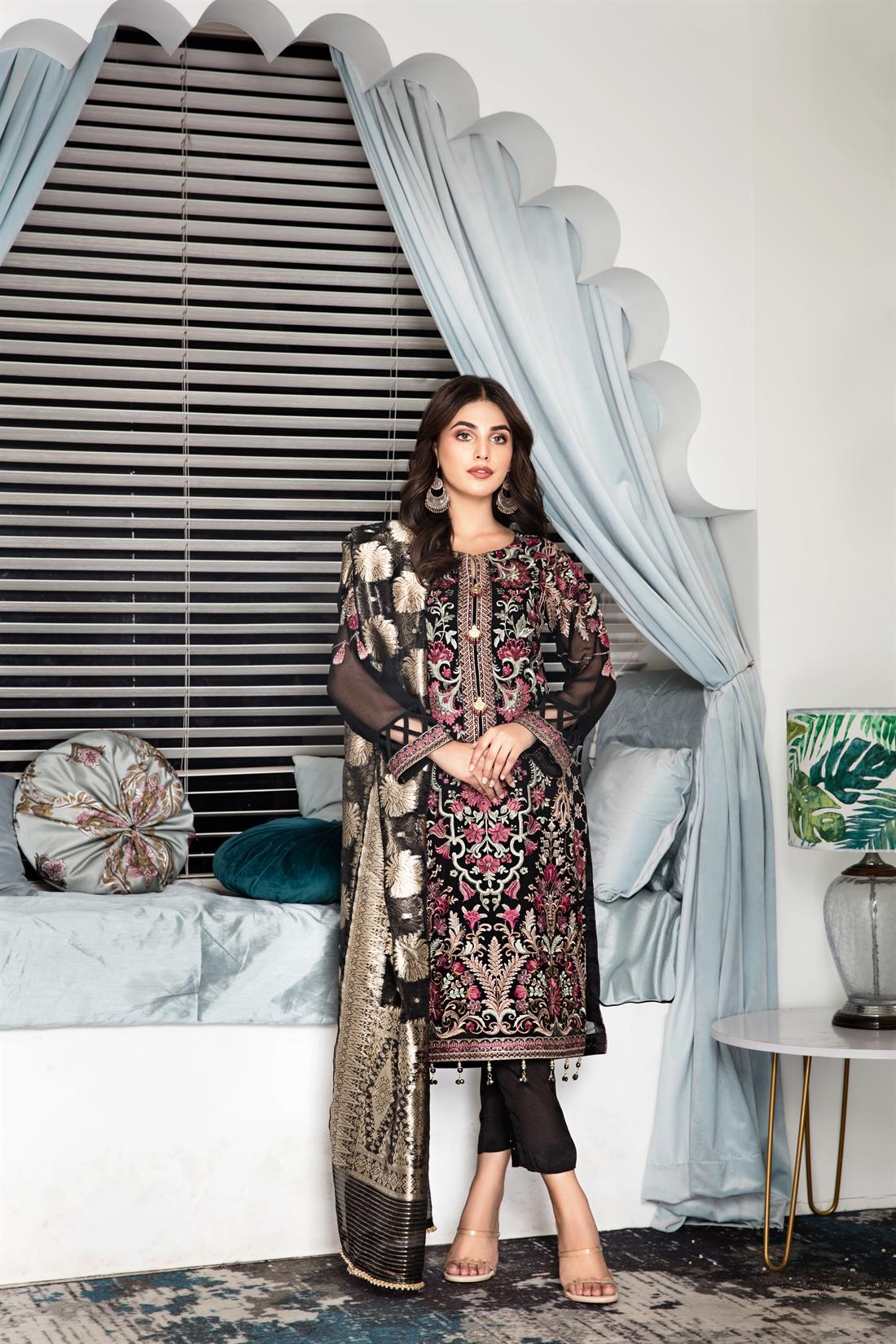 Black Raw Silk Ladies Readymade