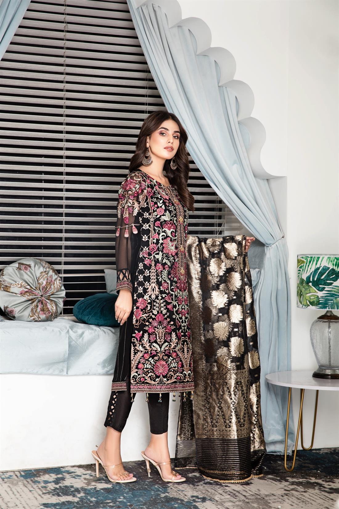 Black Raw Silk Ladies Readymade