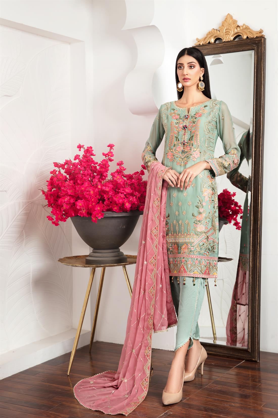 Mint Green Embroidered Raw Silk Ladies Readymade