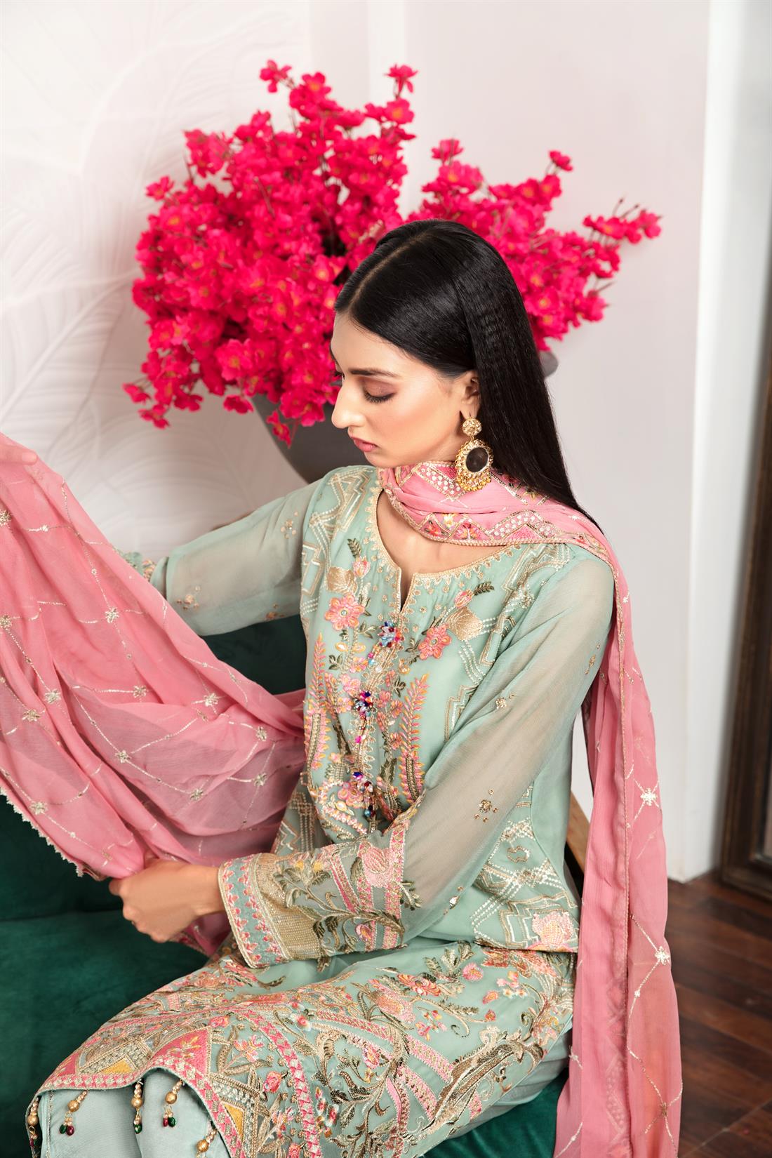 Mint Green Embroidered Raw Silk Ladies Readymade