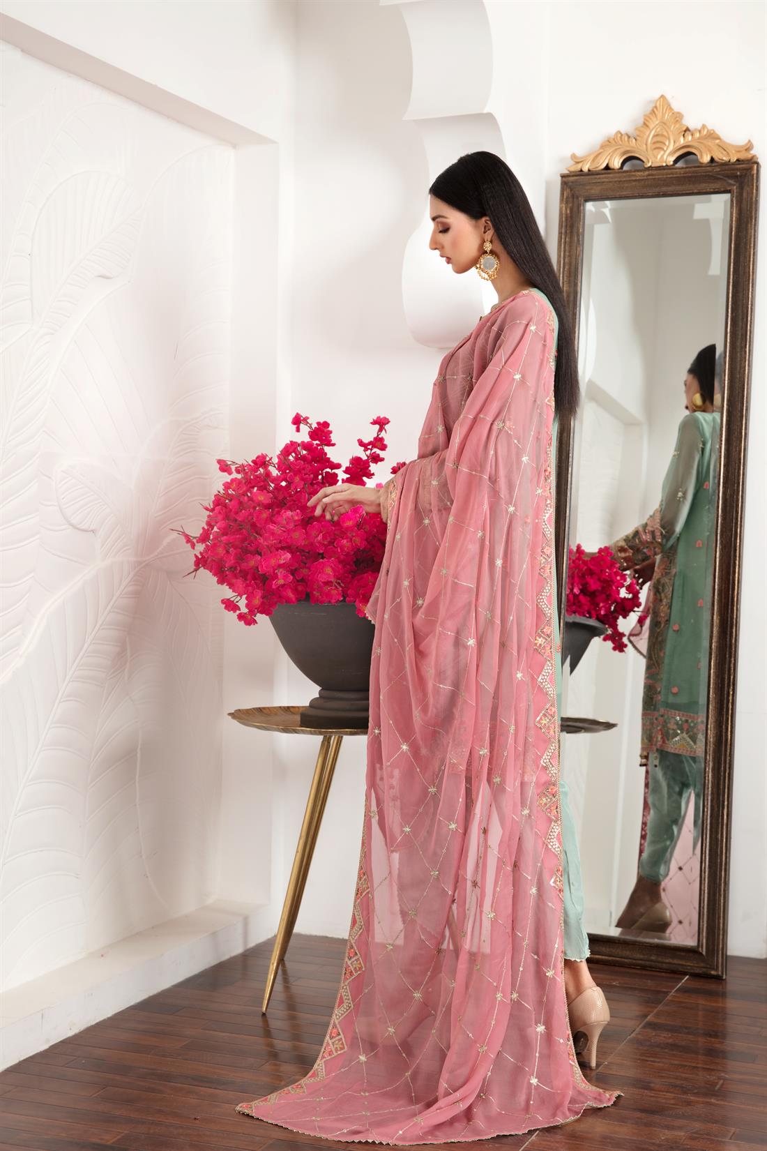 Mint Green Embroidered Raw Silk Ladies Readymade