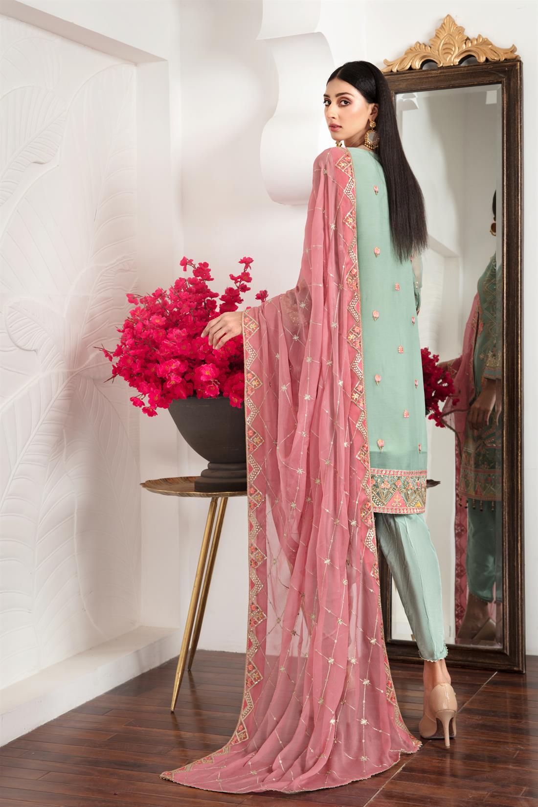 Mint Green Embroidered Raw Silk Ladies Readymade