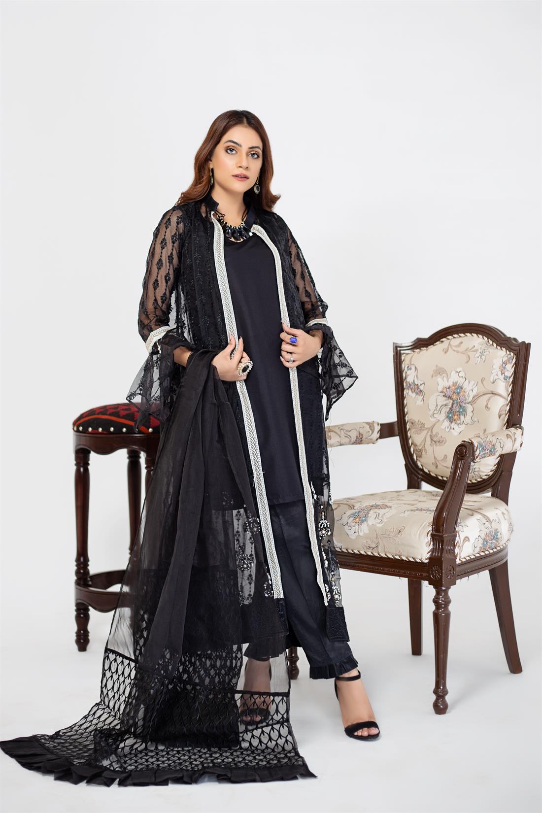 Black Stunning Embroidered Raw Silk Salwar Kameez