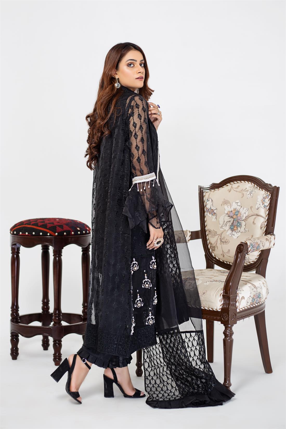 Black Stunning Embroidered Raw Silk Salwar Kameez