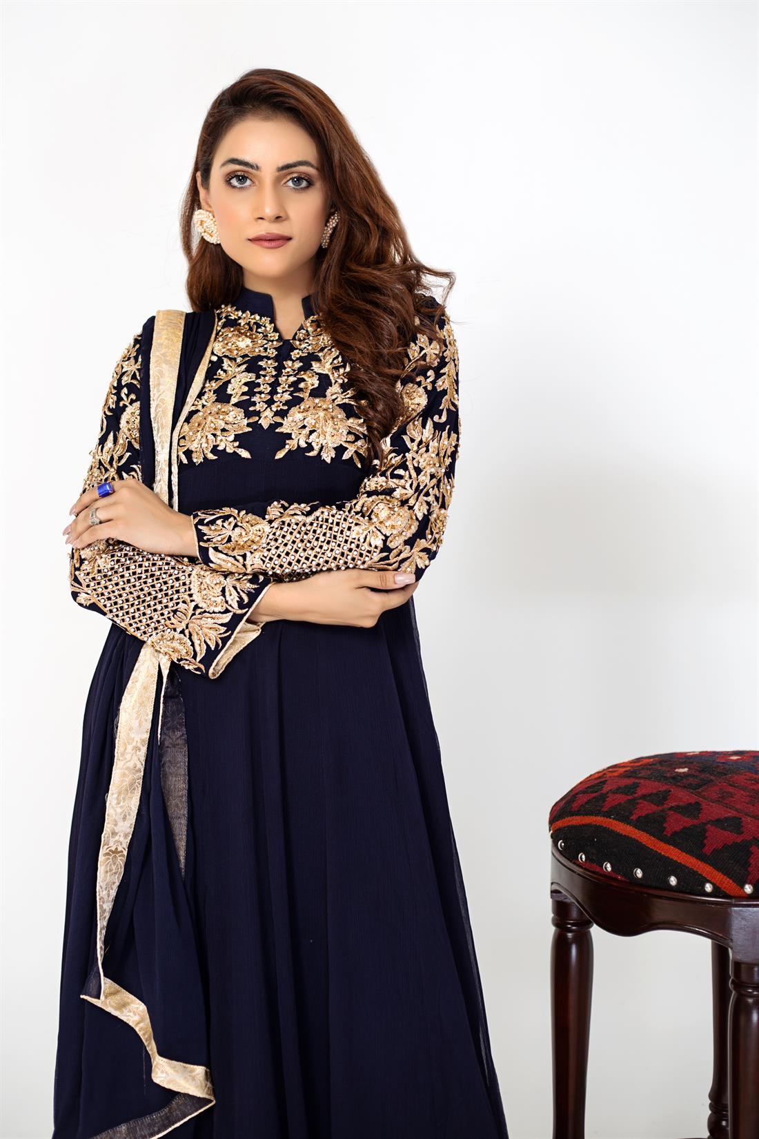 Navy Blue Teal 3 Piece Stunning Embroidered Chiffon Maxi Dress
