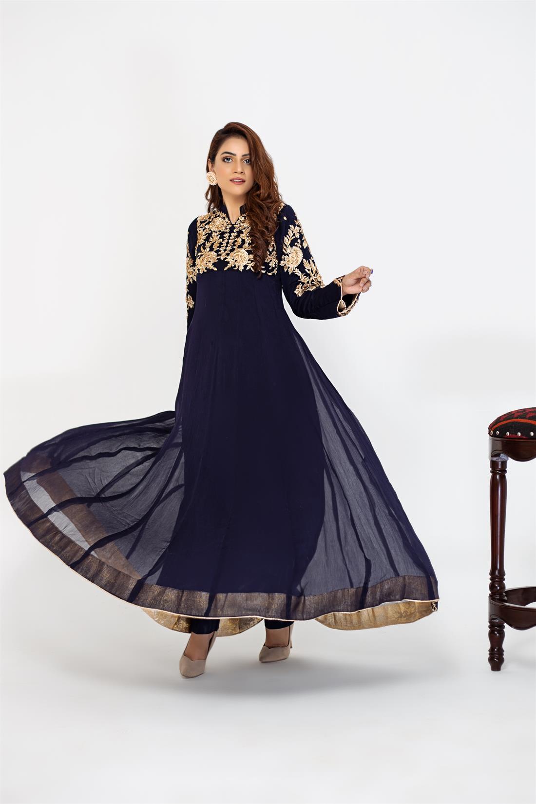 Navy Blue Teal 3 Piece Stunning Embroidered Chiffon Maxi Dress