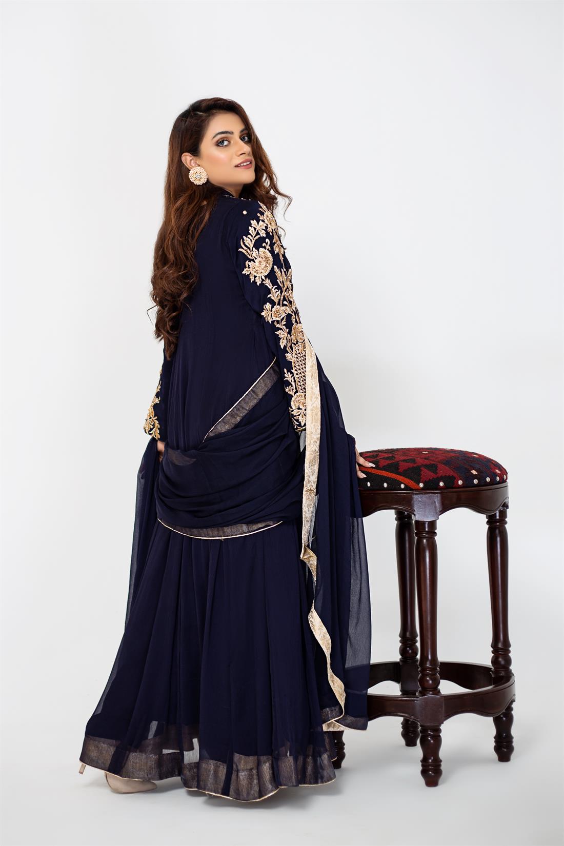 Navy Blue Teal 3 Piece Stunning Embroidered Chiffon Maxi Dress