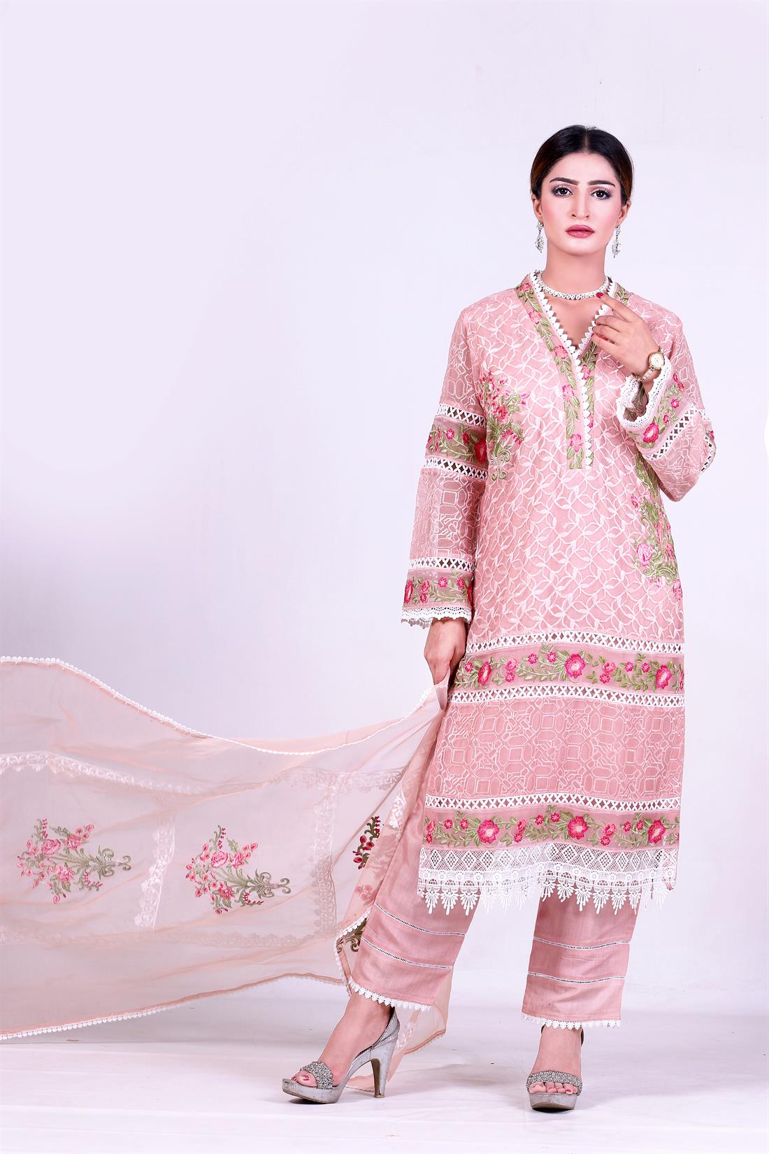 T.pink Raw Silk Pink 3 Piece Embroidered Chiffon Kameez & Trouser