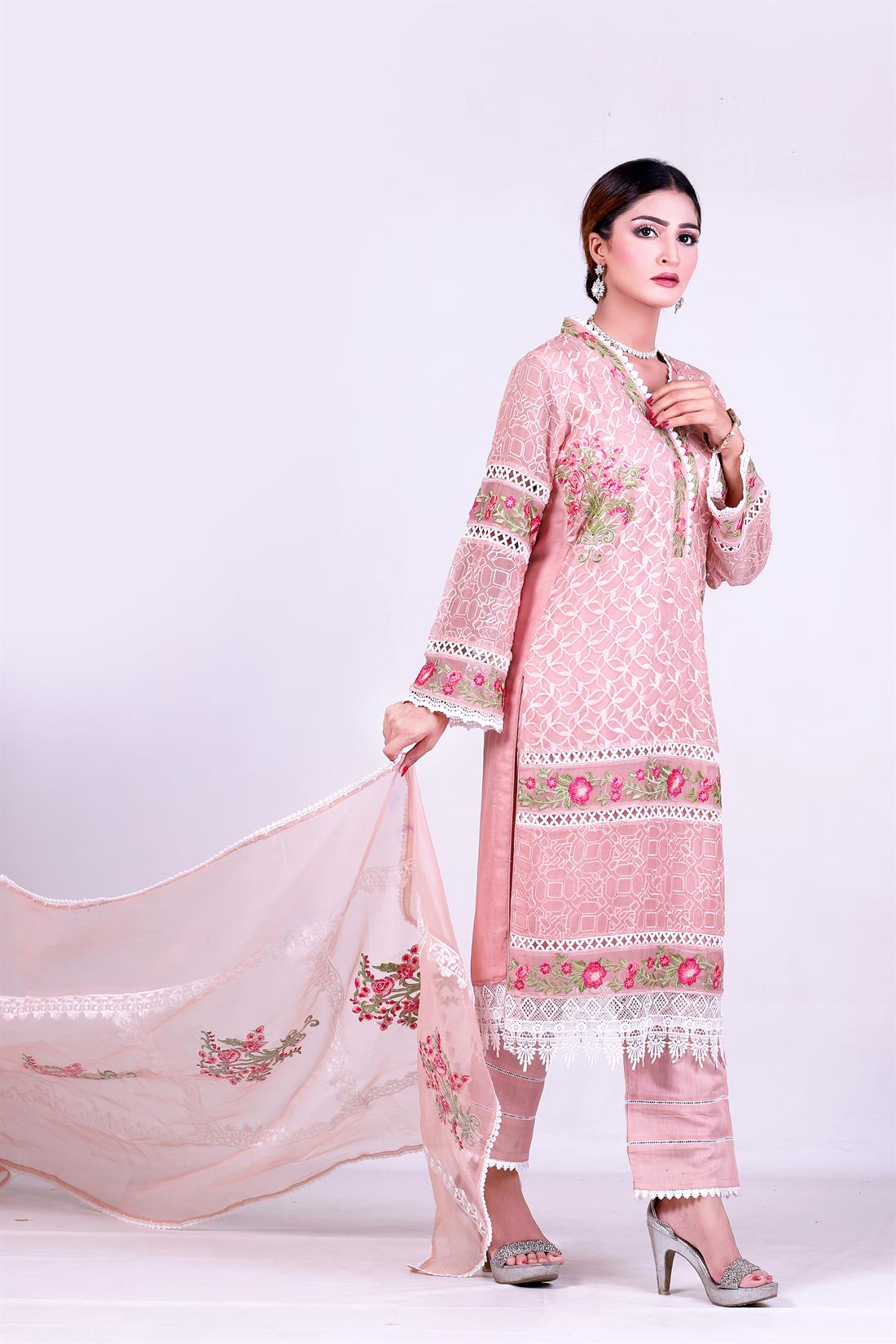 T.pink Raw Silk Pink 3 Piece Embroidered Chiffon Kameez & Trouser