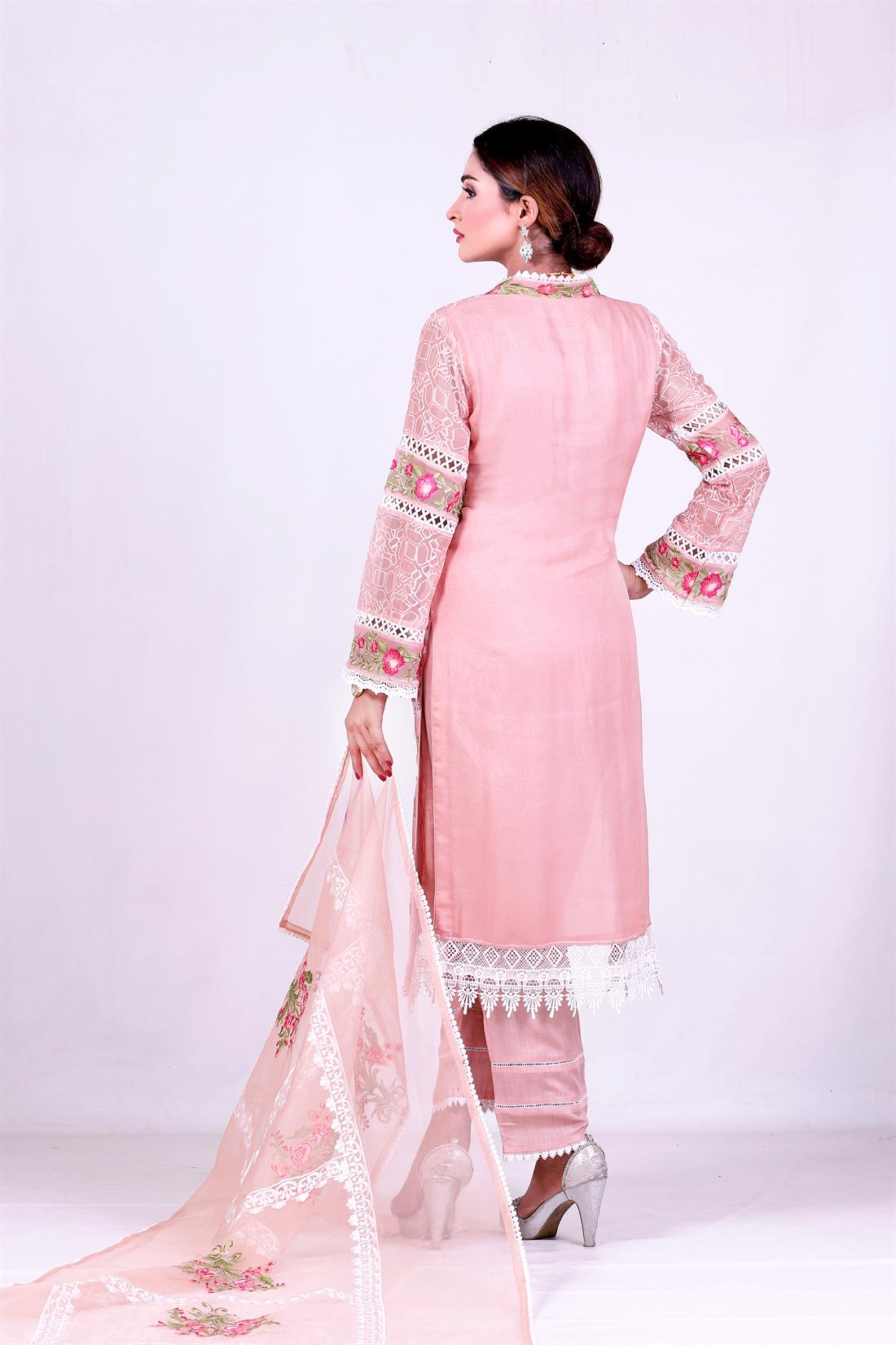 T.pink Raw Silk Pink 3 Piece Embroidered Chiffon Kameez & Trouser