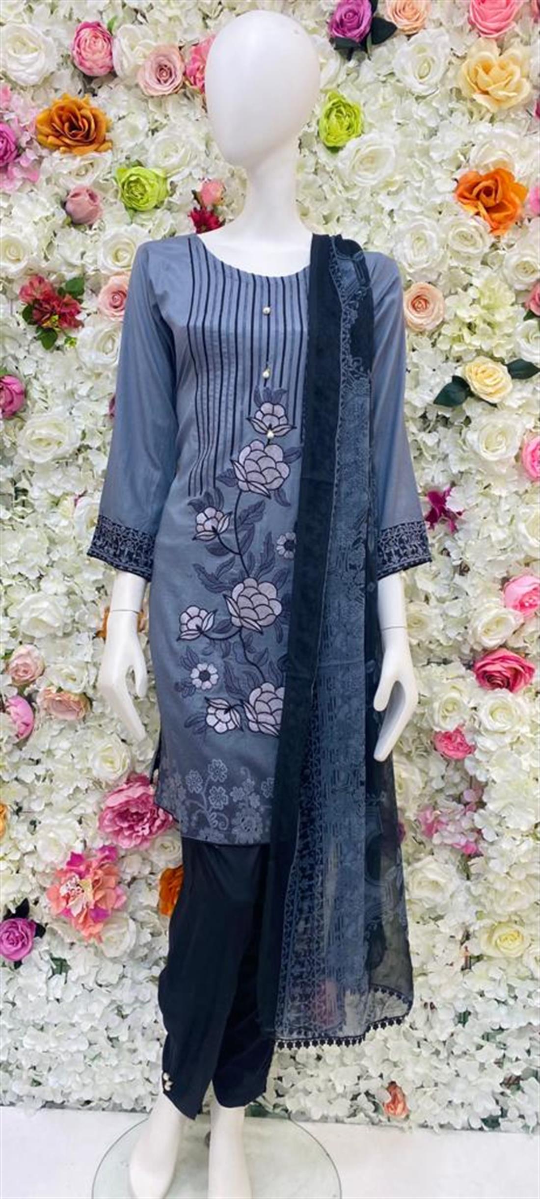 Grey Embroidered Chiffon Ladies Readymade
