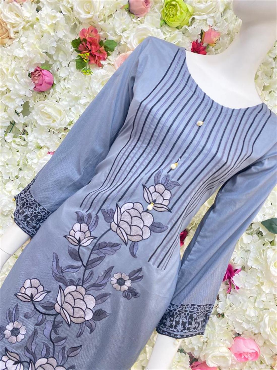 Grey Embroidered Chiffon Ladies Readymade