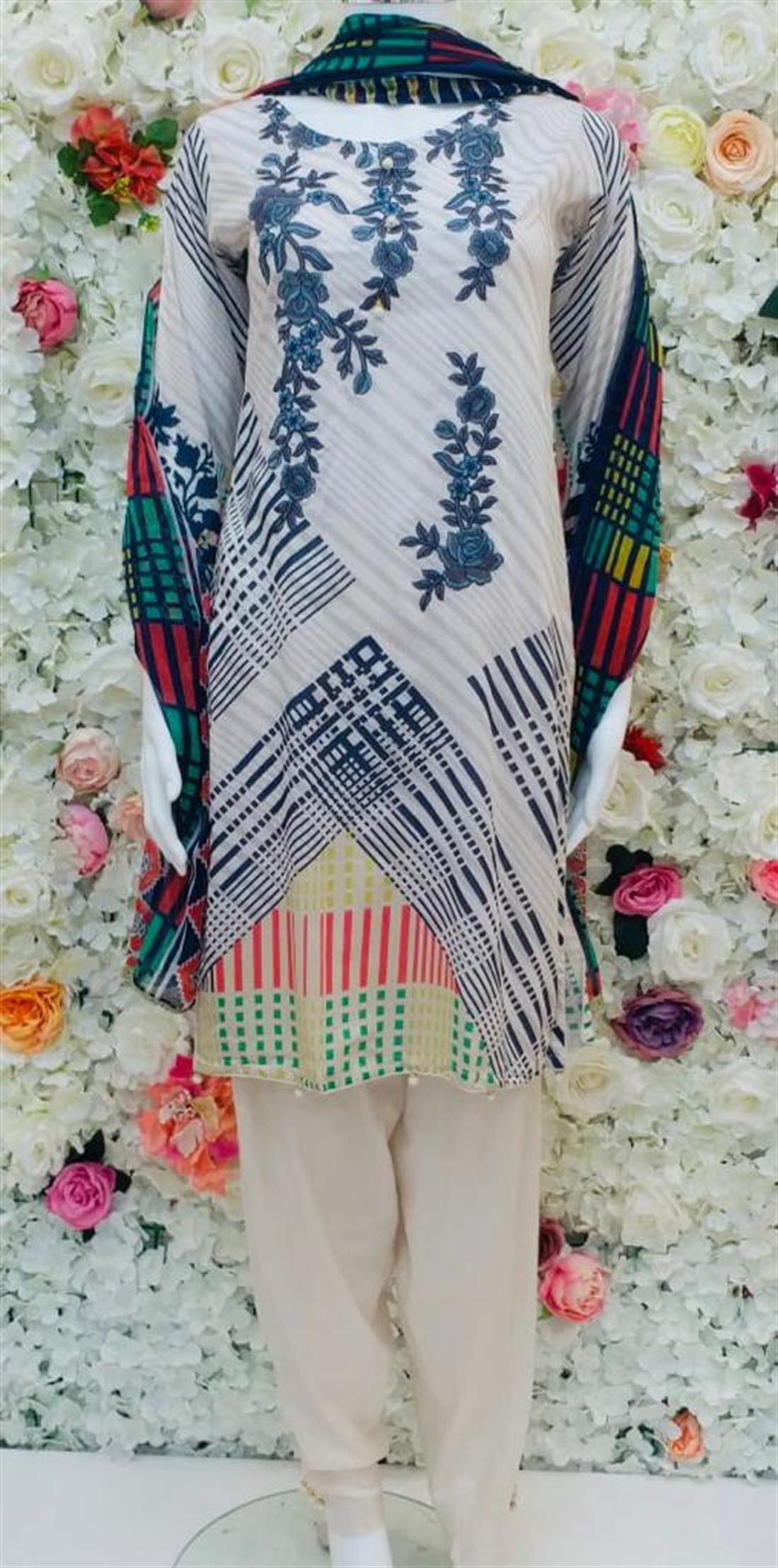 Off White Embroidered Chiffon Ladies Readymade
