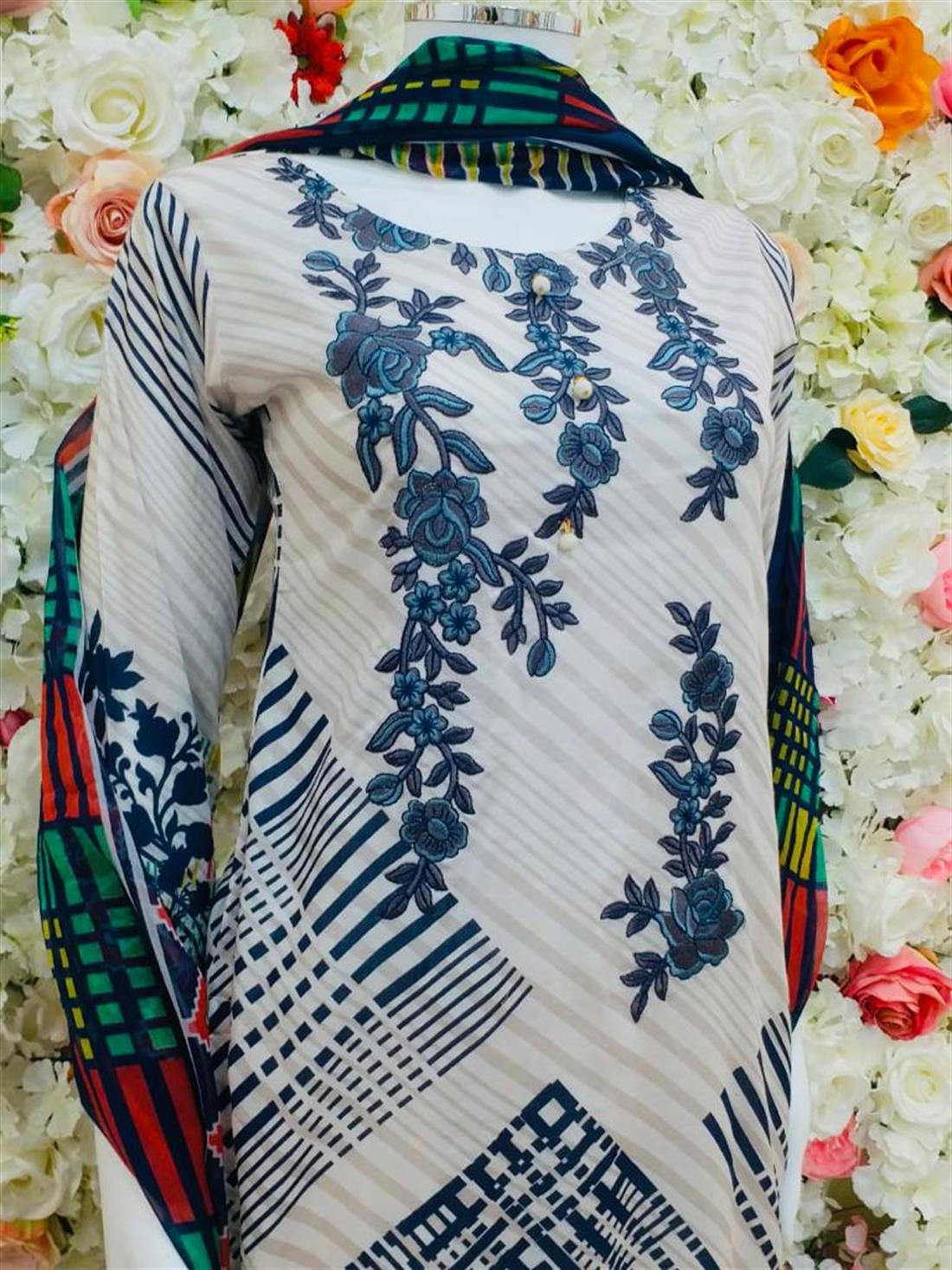 Off White Embroidered Chiffon Ladies Readymade