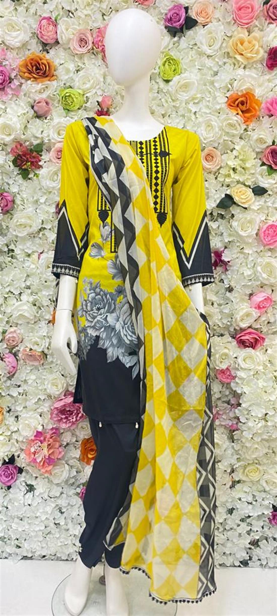 Yellow & Black Embroidered Chiffon Ladies Readymade