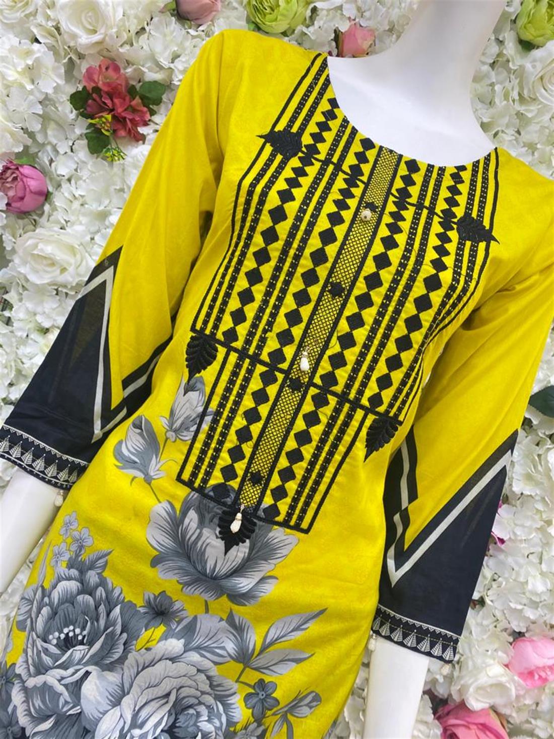 Yellow & Black Embroidered Chiffon Ladies Readymade