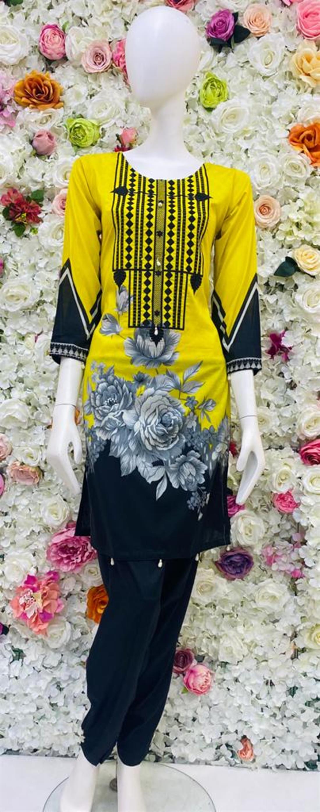 Yellow & Black Embroidered Chiffon Ladies Readymade