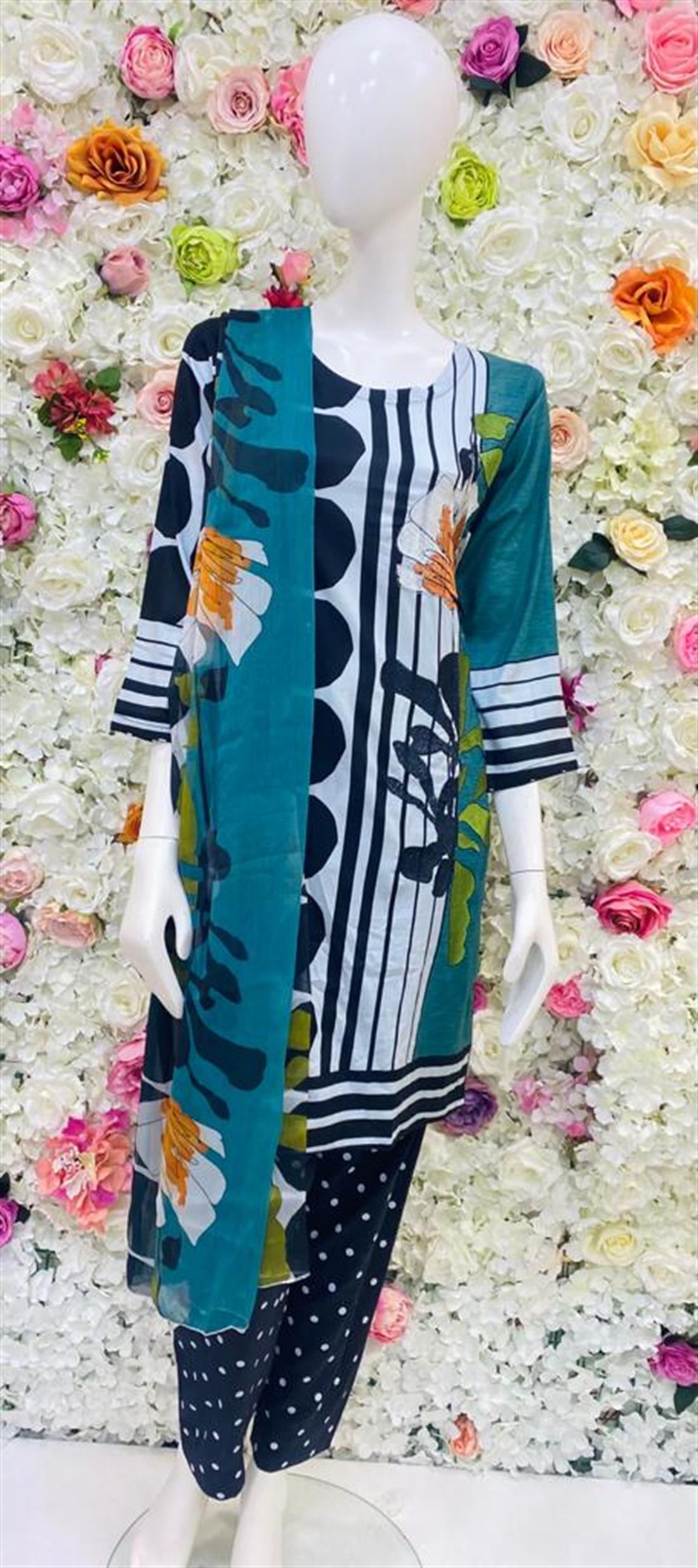 Black & Multicolour Embroidered Chiffon Ladies Readymade