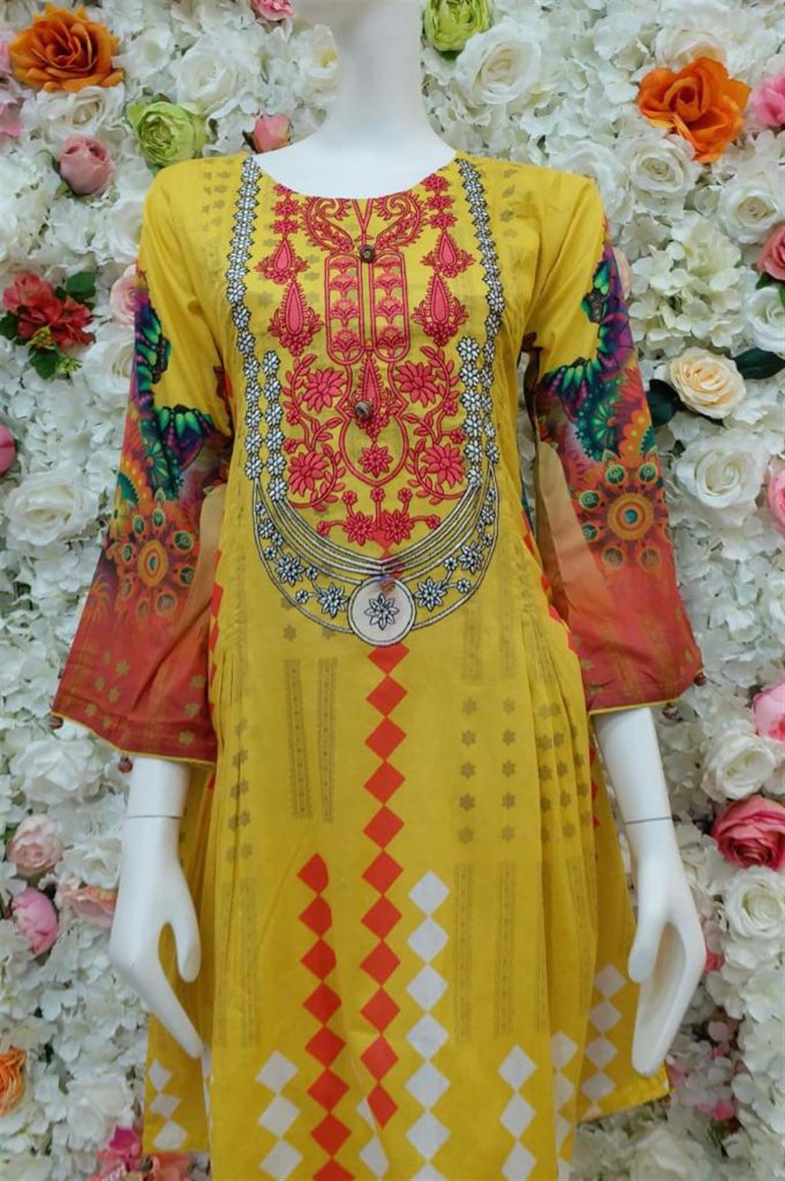 Yellow Embroidered Chiffon Frock Ladies Readymade