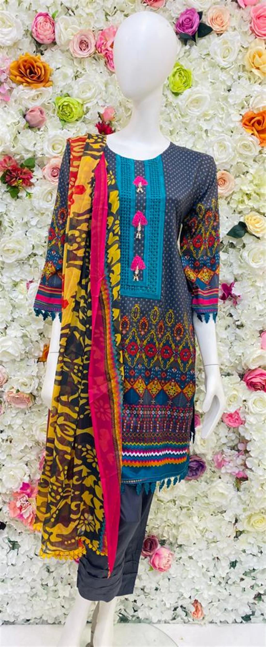 Grey & Multicolour Embroidered Chiffon Ladies Readymade