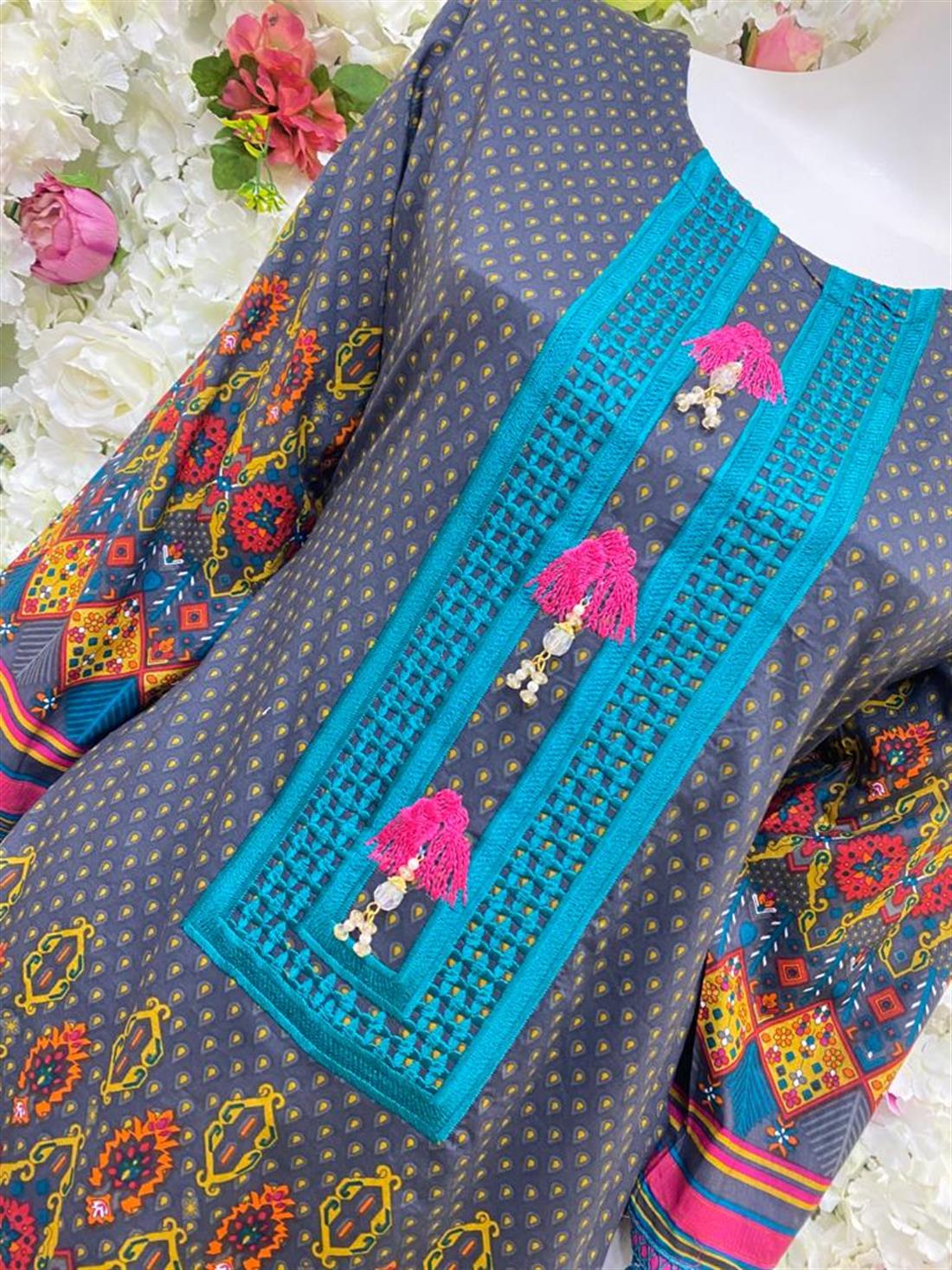 Grey & Multicolour Embroidered Chiffon Ladies Readymade
