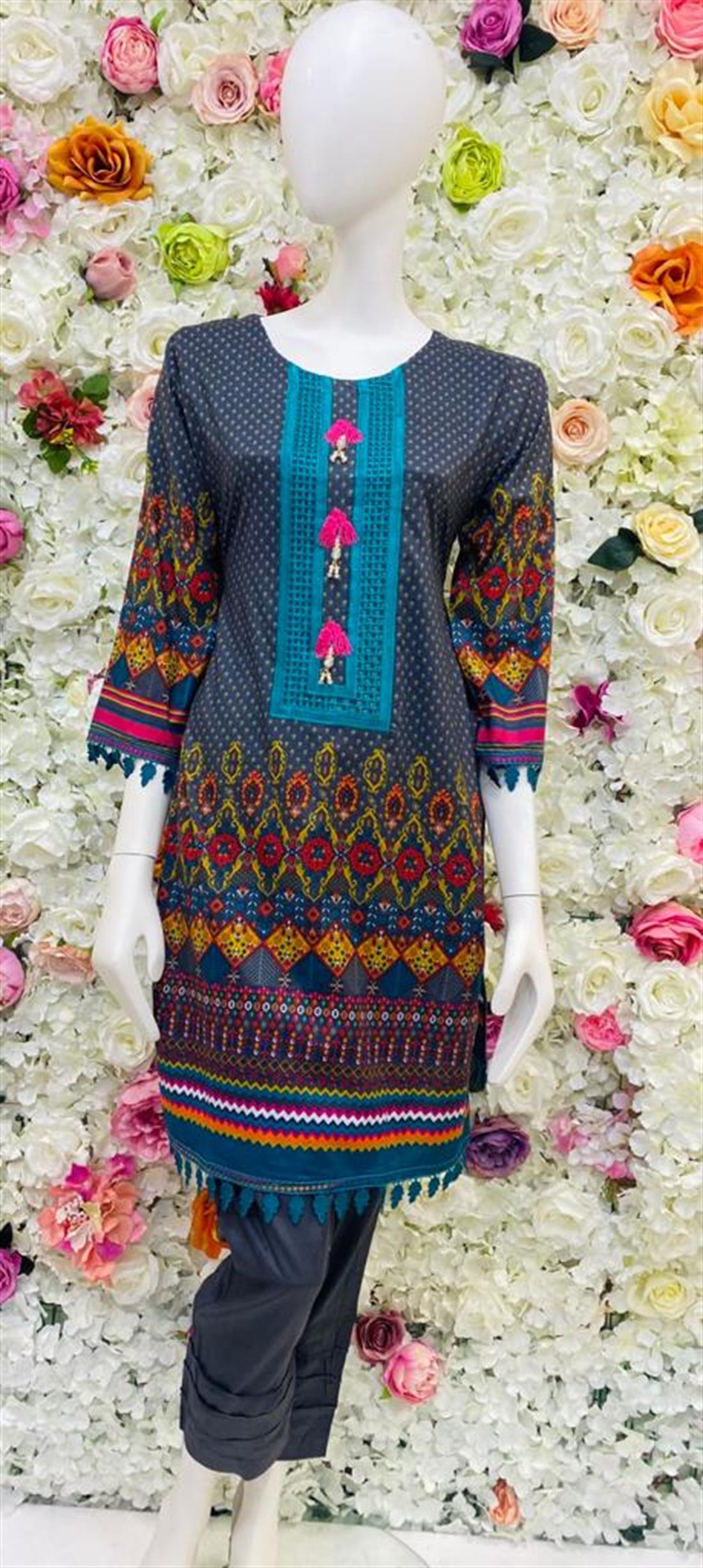 Grey & Multicolour Embroidered Chiffon Ladies Readymade