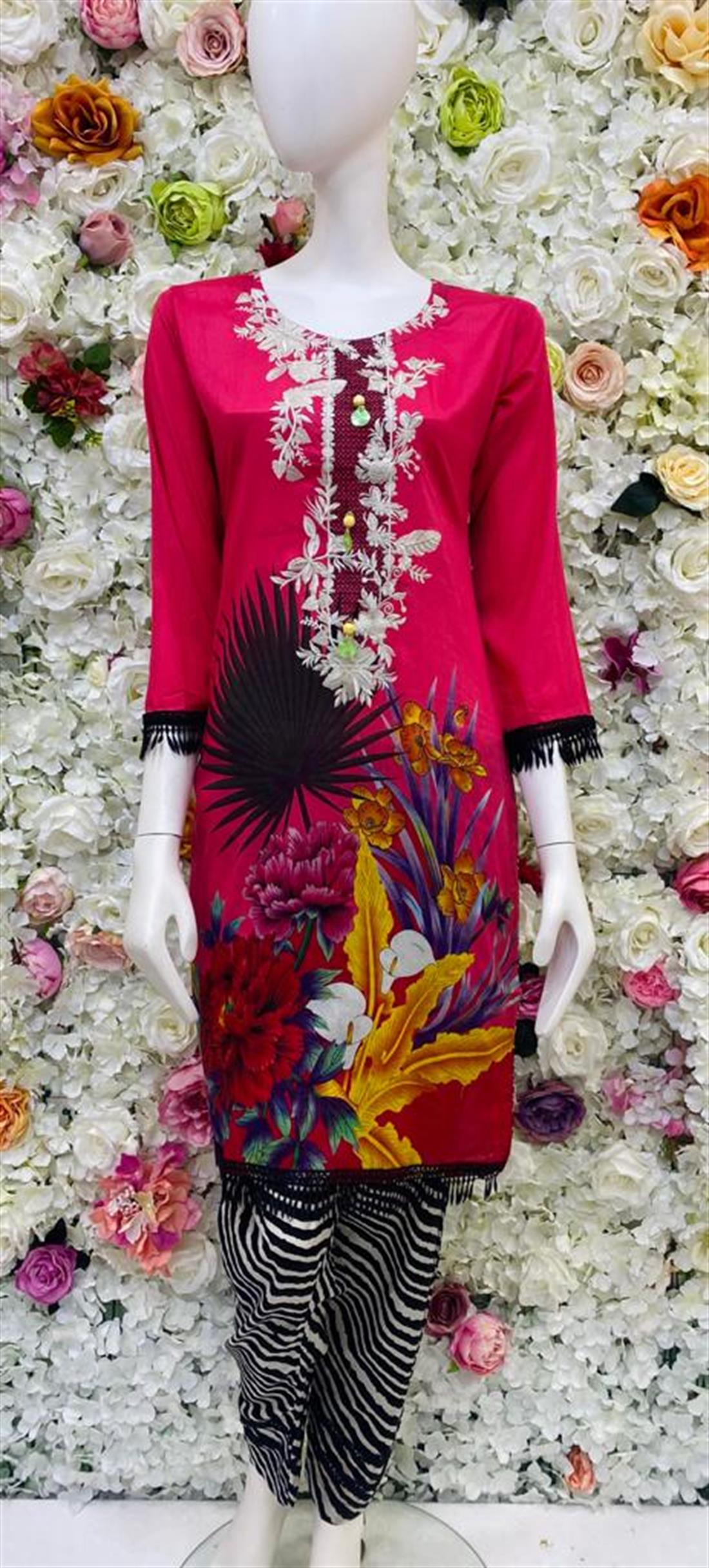 Pink Embroidered Chiffon Ladies Readymade