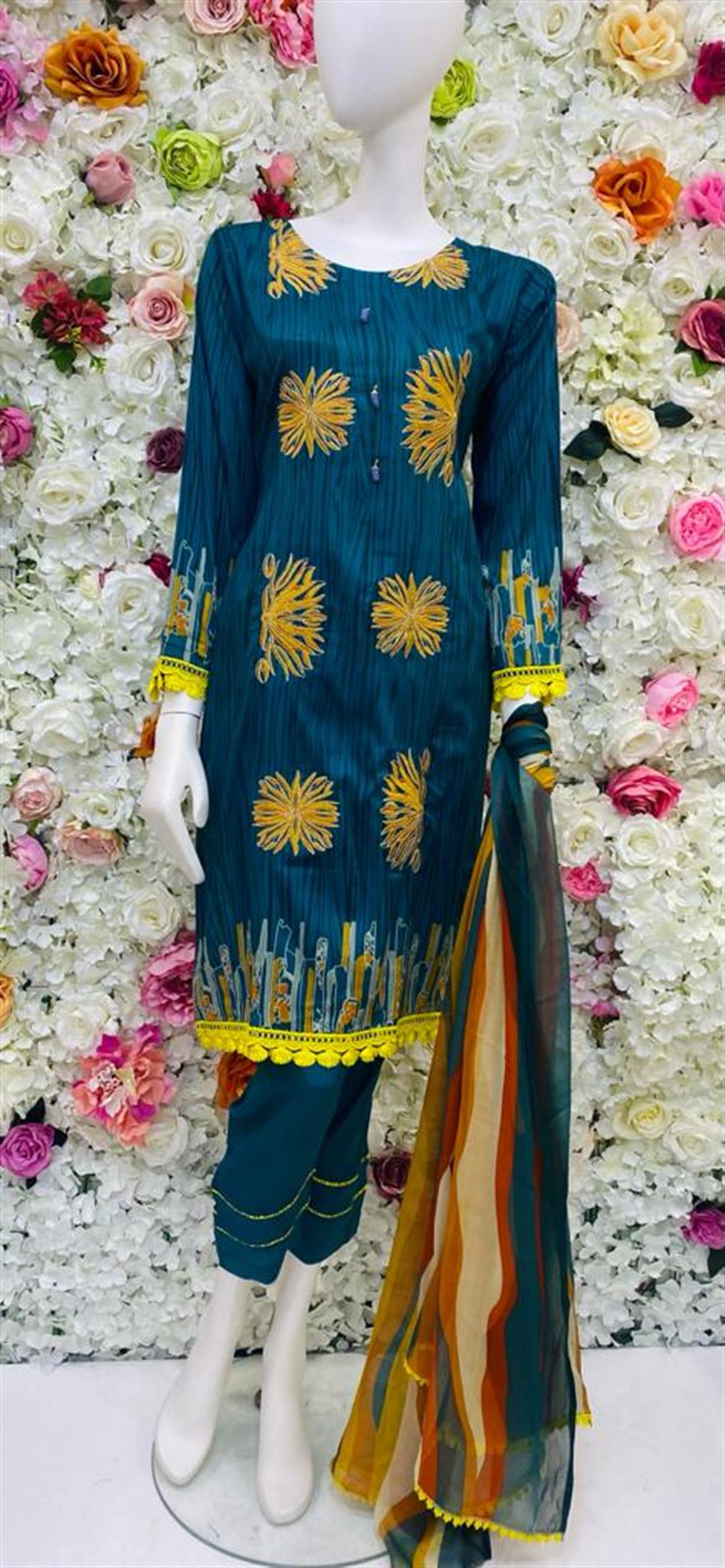 Teal Embroidered Chiffon Ladies Readymade