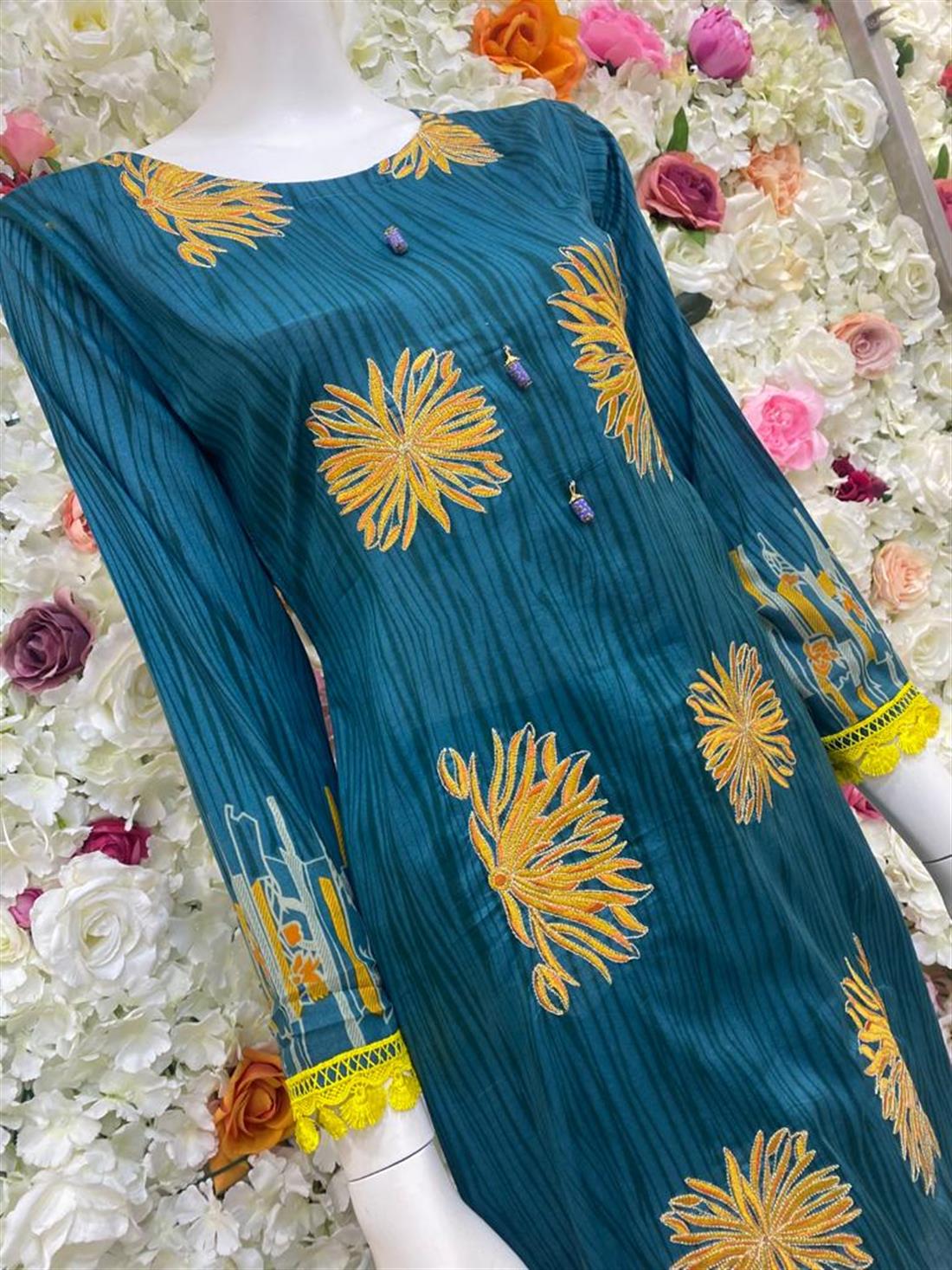 Teal Embroidered Chiffon Ladies Readymade
